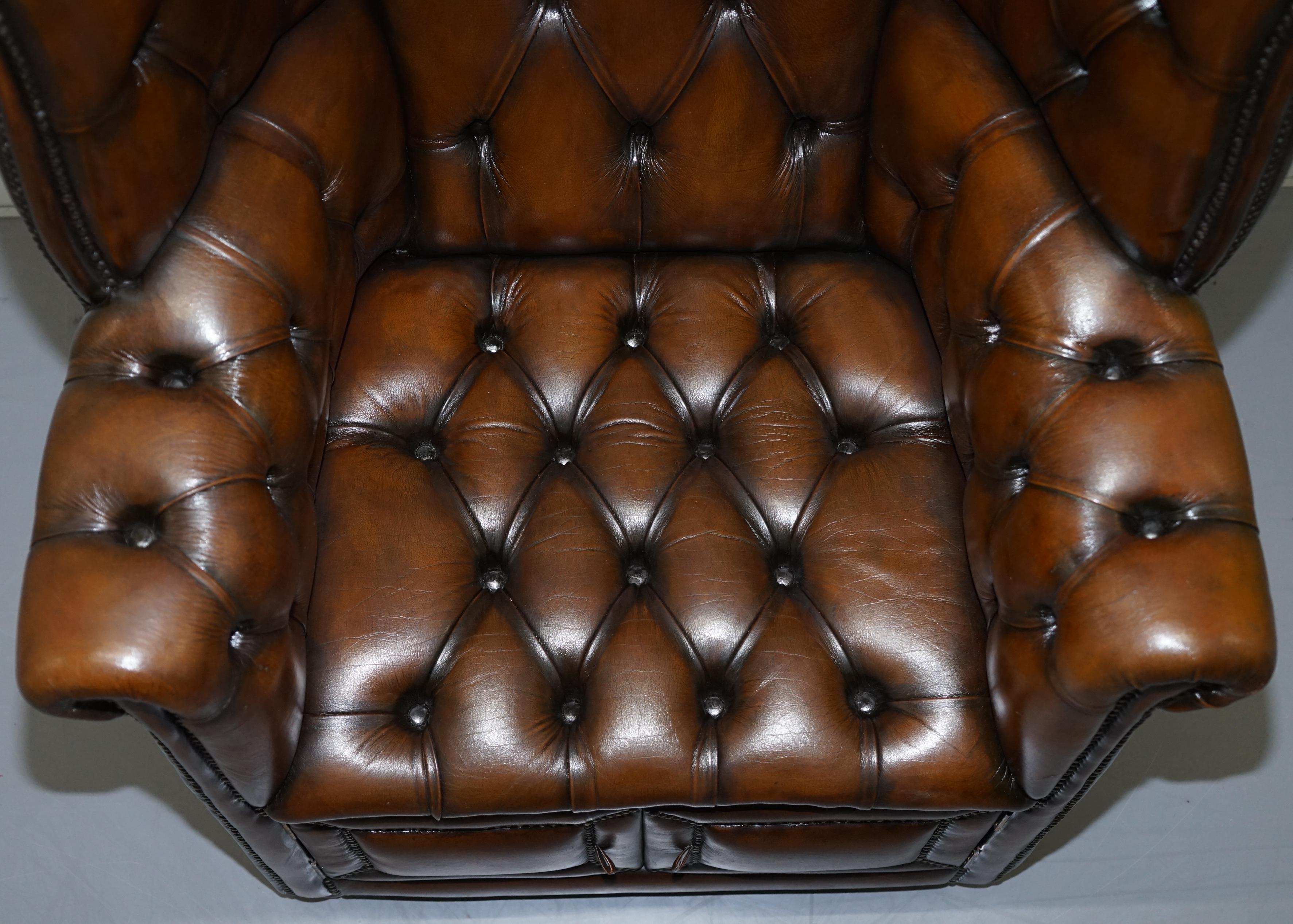 20th Century Restored Hand Dyed Cigar Brown Leather Chesterfield Porters Armchair Chair