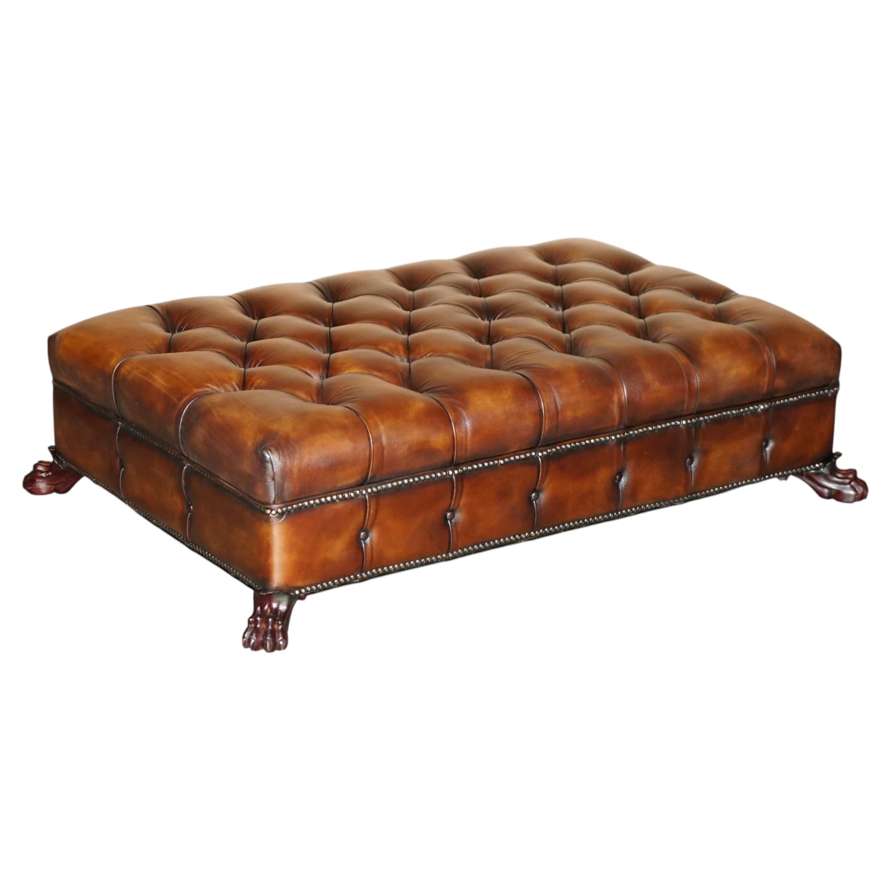 RESTORED HAND DYED CiGAR BROWN LEATHER LION'S FEET CHESTERFIELD TUFTED FOOTSTOOL