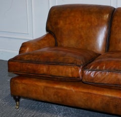 RESTORED HAND DYED LEATHER THREE SEATER SOFA HOWARD & SONS STYLE FEATHER FiLLED