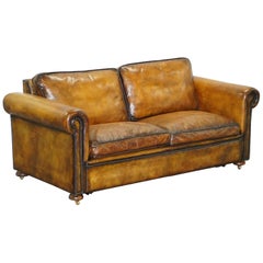 Restored Hand Dyed Whiskey Brown Leather Sofabed Stunning Color Feather Cushion