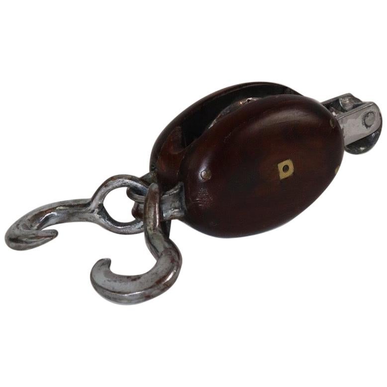 Restored Hardwood and Polished Steel Pulley