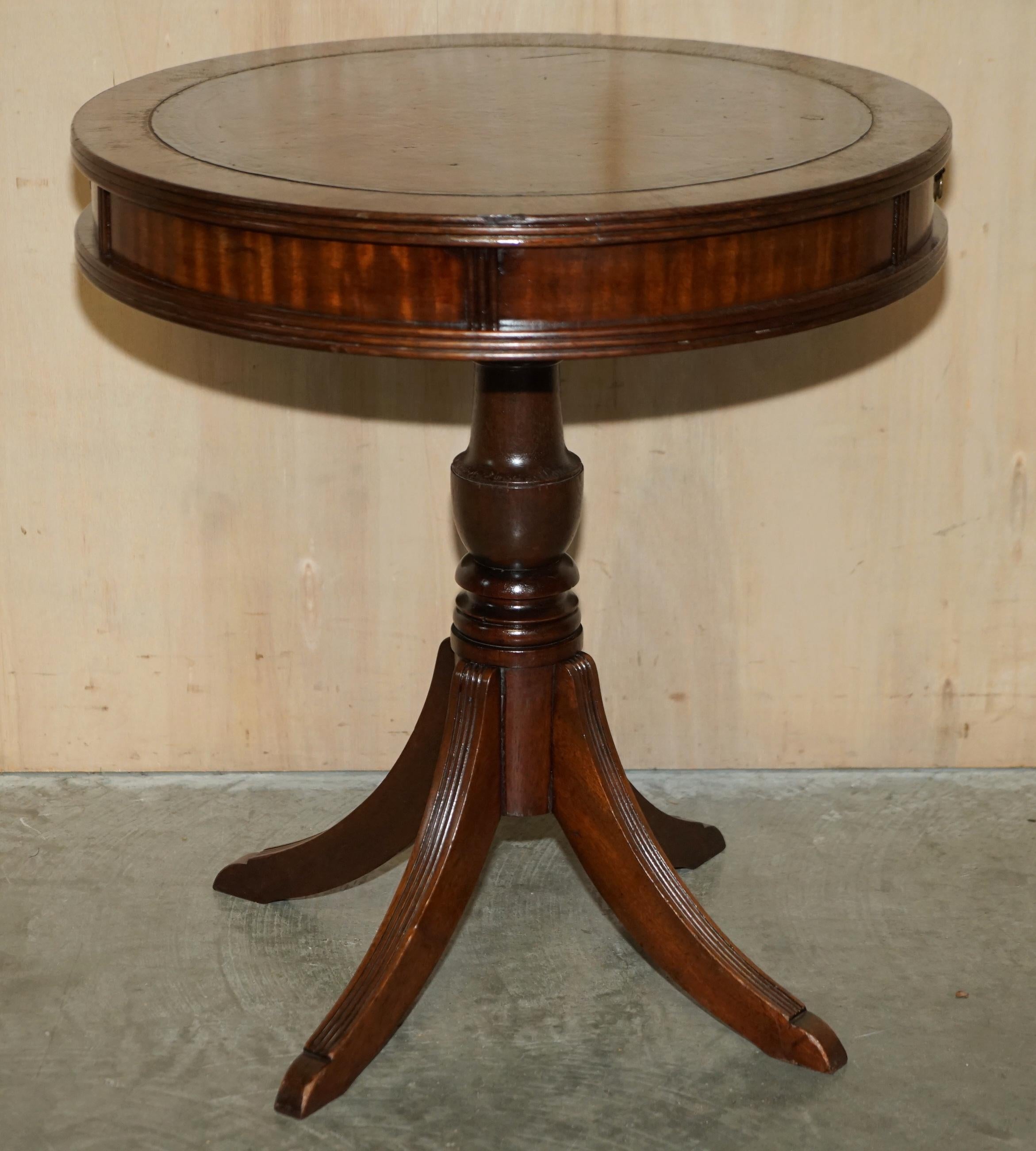 Restored Hardwood Cigar Brown Leather Side End Lamp Wine Drum Table Drawers For Sale 5