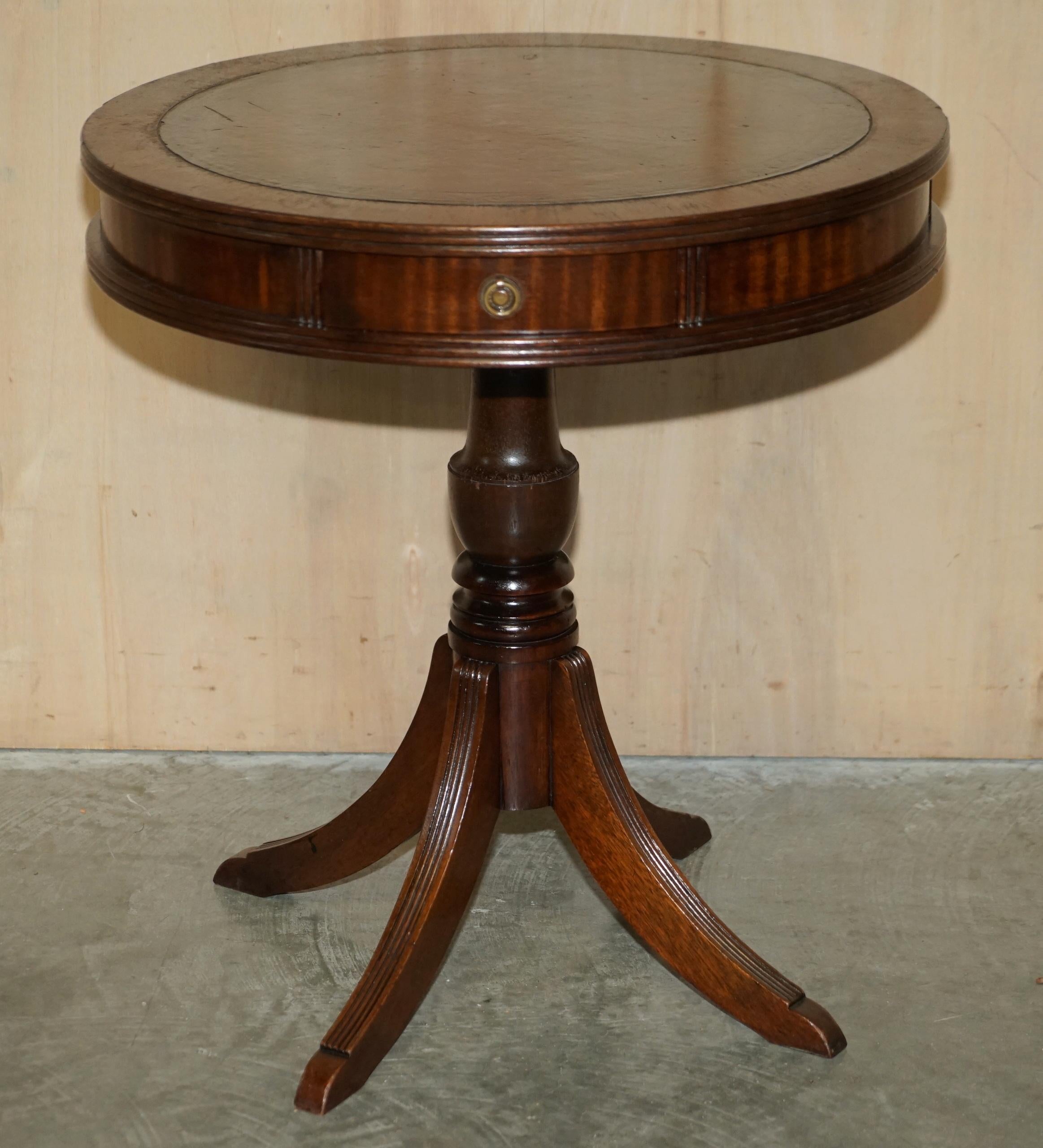 Restored Hardwood Cigar Brown Leather Side End Lamp Wine Drum Table Drawers For Sale 6