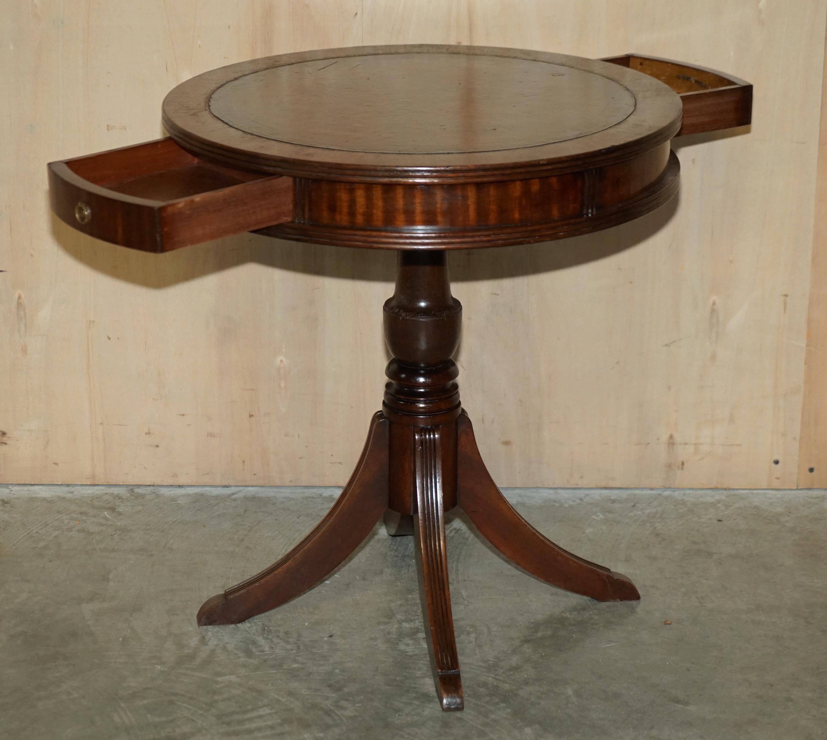 Restored Hardwood Cigar Brown Leather Side End Lamp Wine Drum Table Drawers For Sale 7