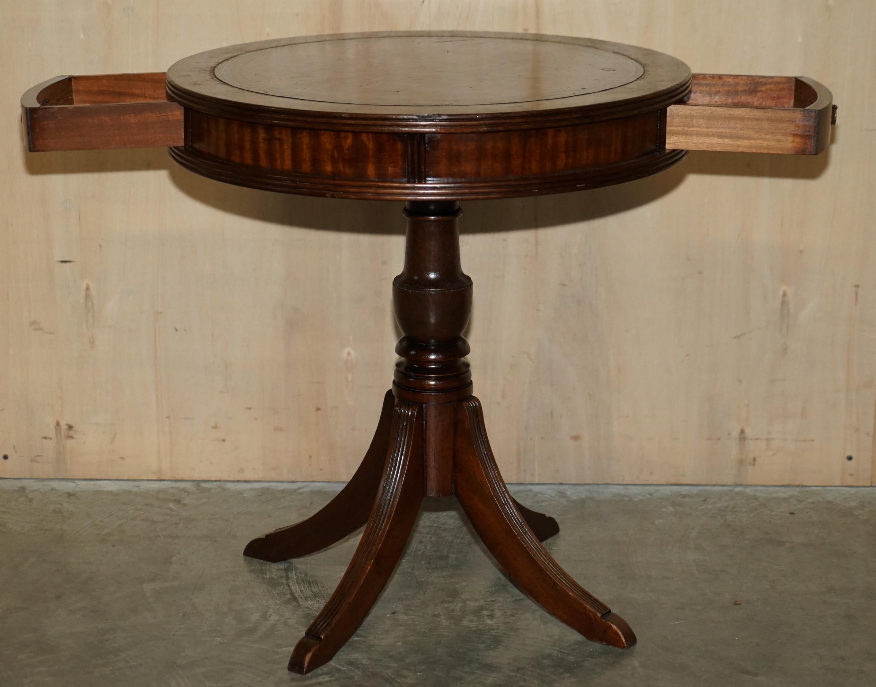 Restored Hardwood Cigar Brown Leather Side End Lamp Wine Drum Table Drawers For Sale 8