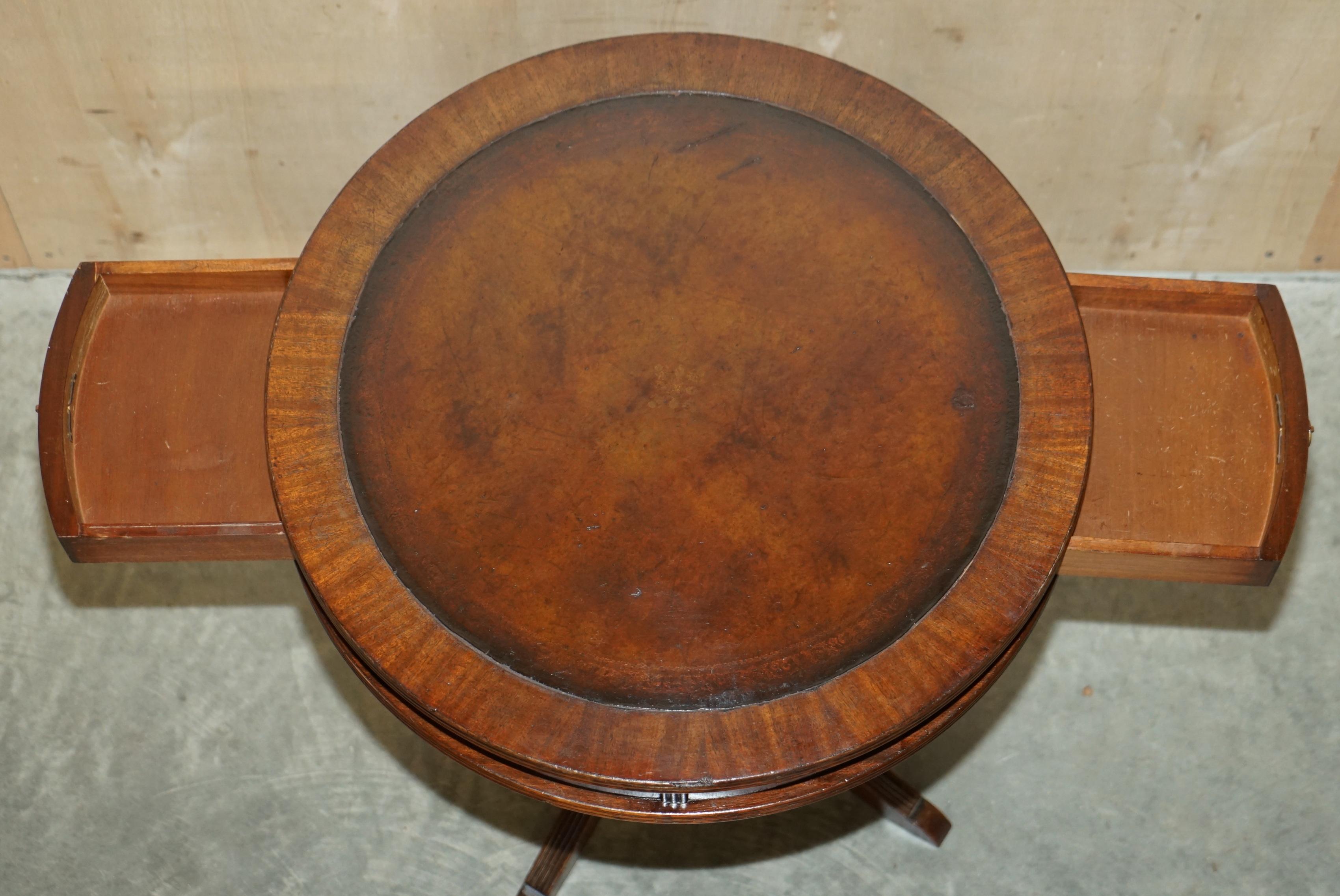 Restored Hardwood Cigar Brown Leather Side End Lamp Wine Drum Table Drawers For Sale 9