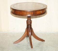 Restored Hardwood Cigar Brown Leather Side End Lamp Wine Drum Table Drawers