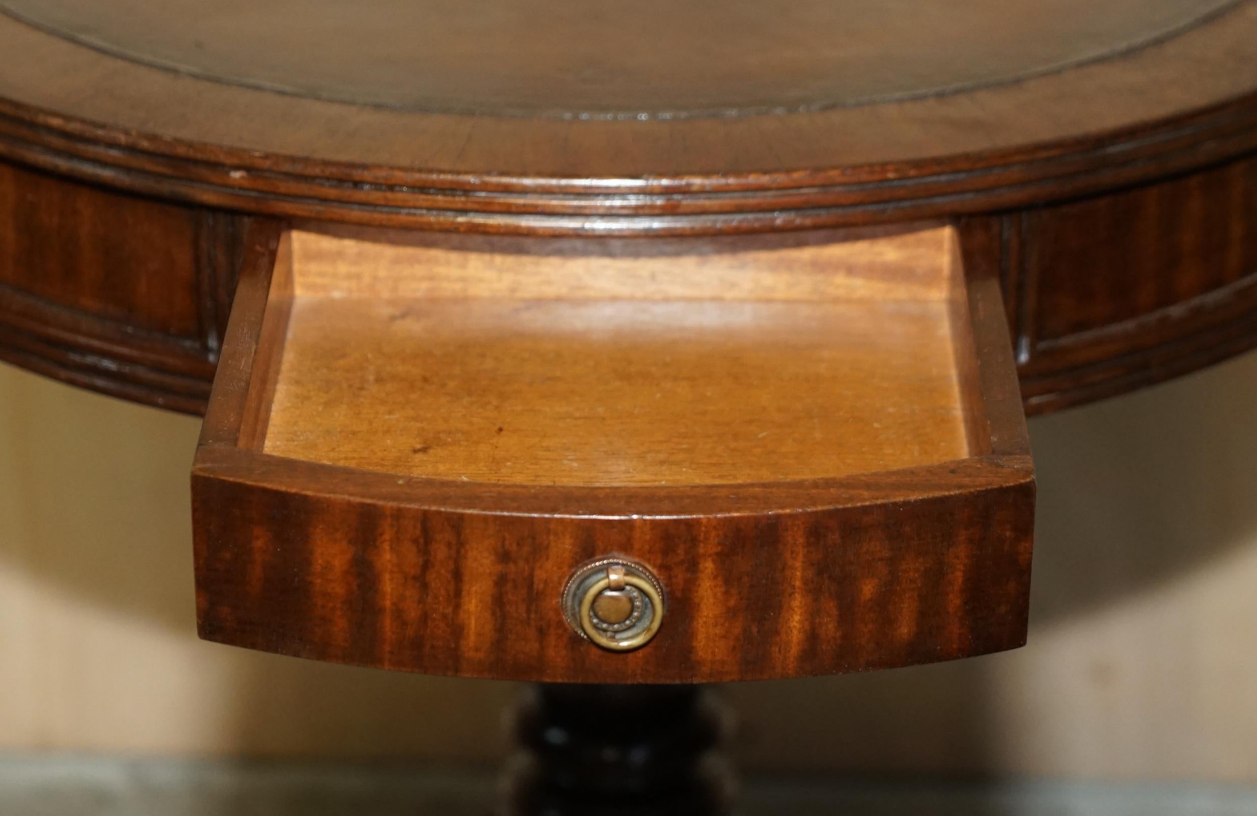 Restored Hardwood Cigar Brown Leather Side End Lamp Wine Drum Table Drawers For Sale 11