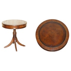 Restored Hardwood Cigar Brown Leather Side End Lamp Wine Drum Table Drawers
