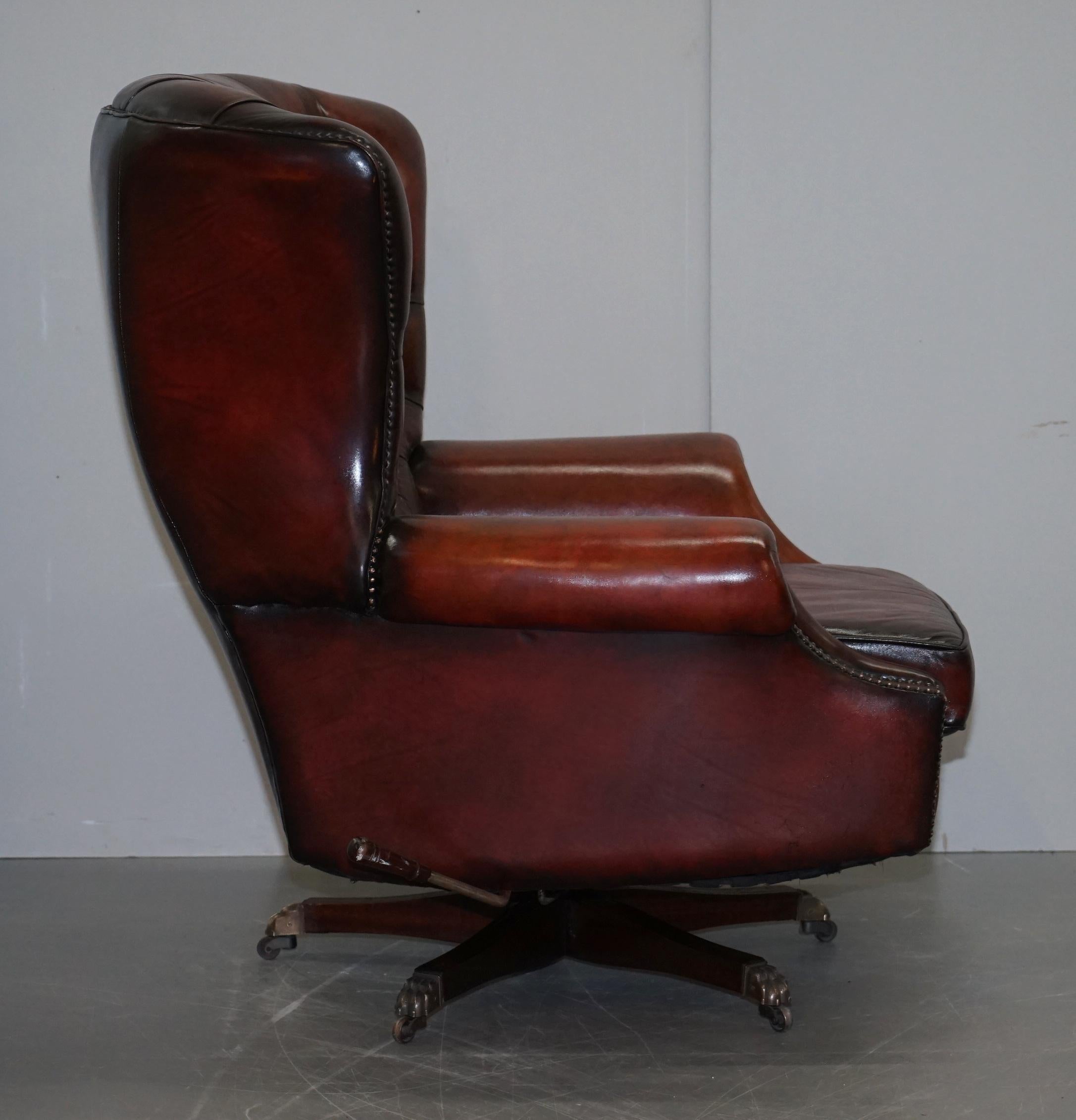 Mid-20th Century Restored Harrods London Brown Leather Chesterfield Swivel Armchair & Footstool