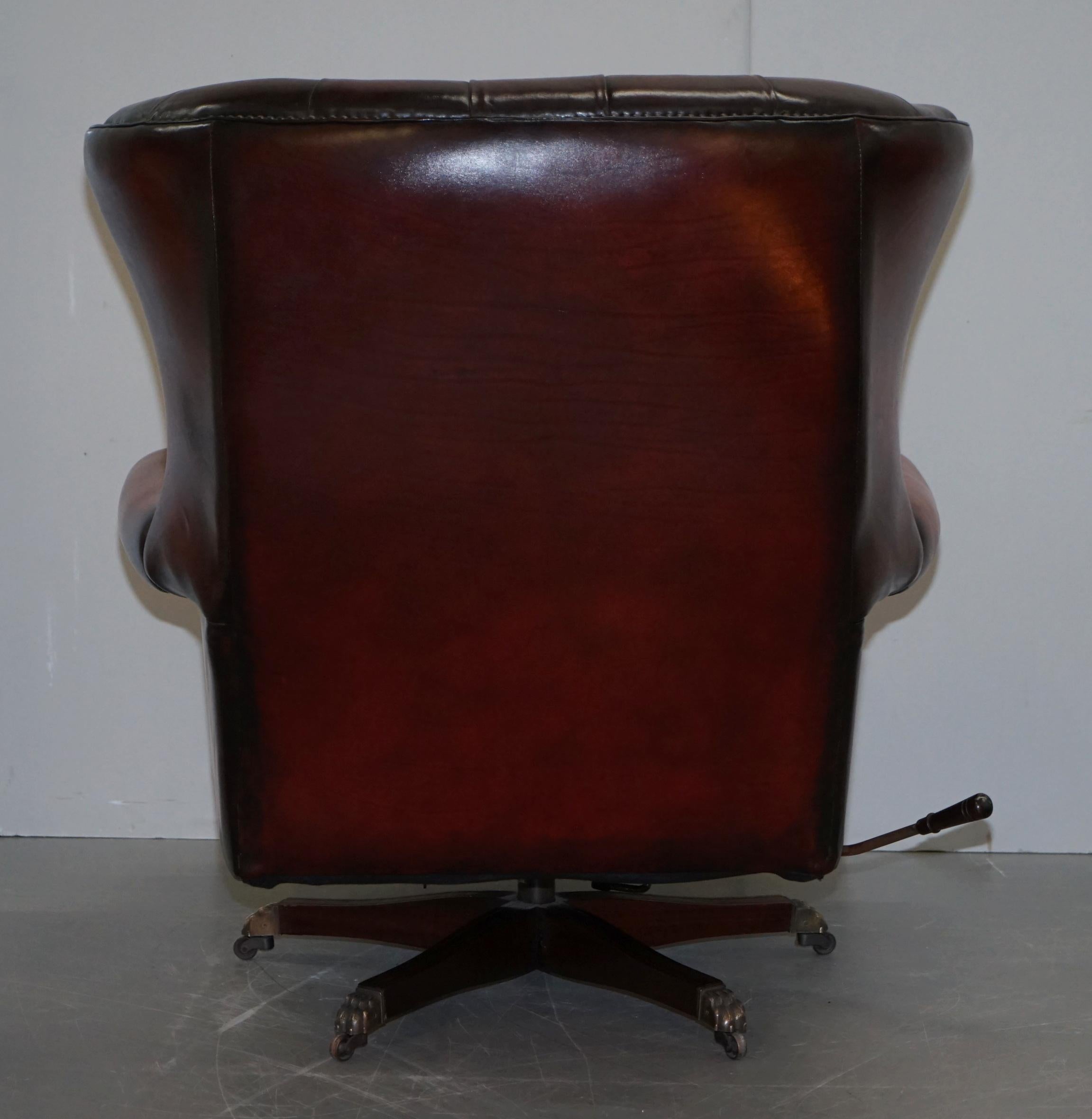 Restored Harrods London Brown Leather Chesterfield Swivel Armchair & Footstool 2