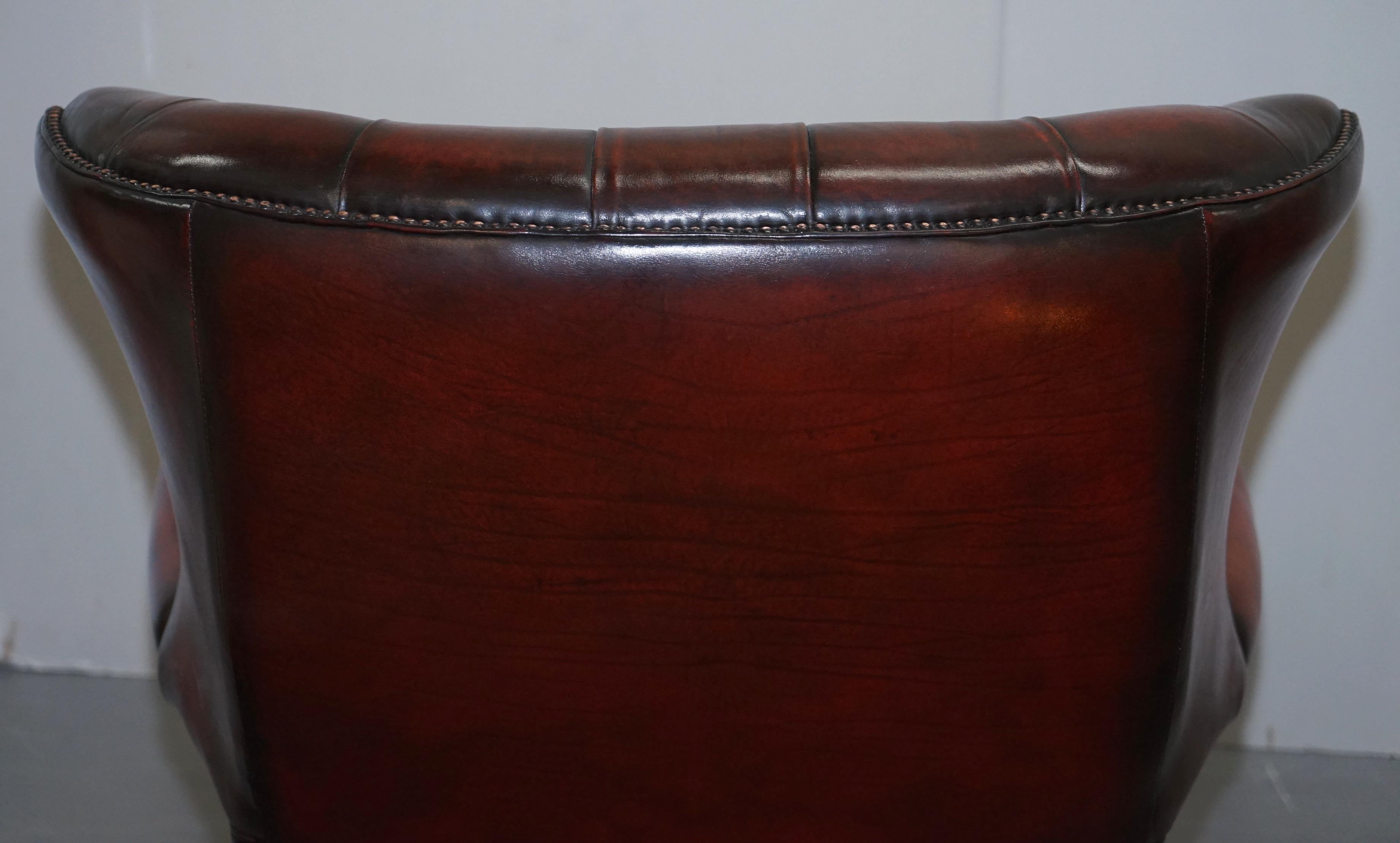 Restored Harrods London Brown Leather Chesterfield Swivel Armchair & Footstool 3