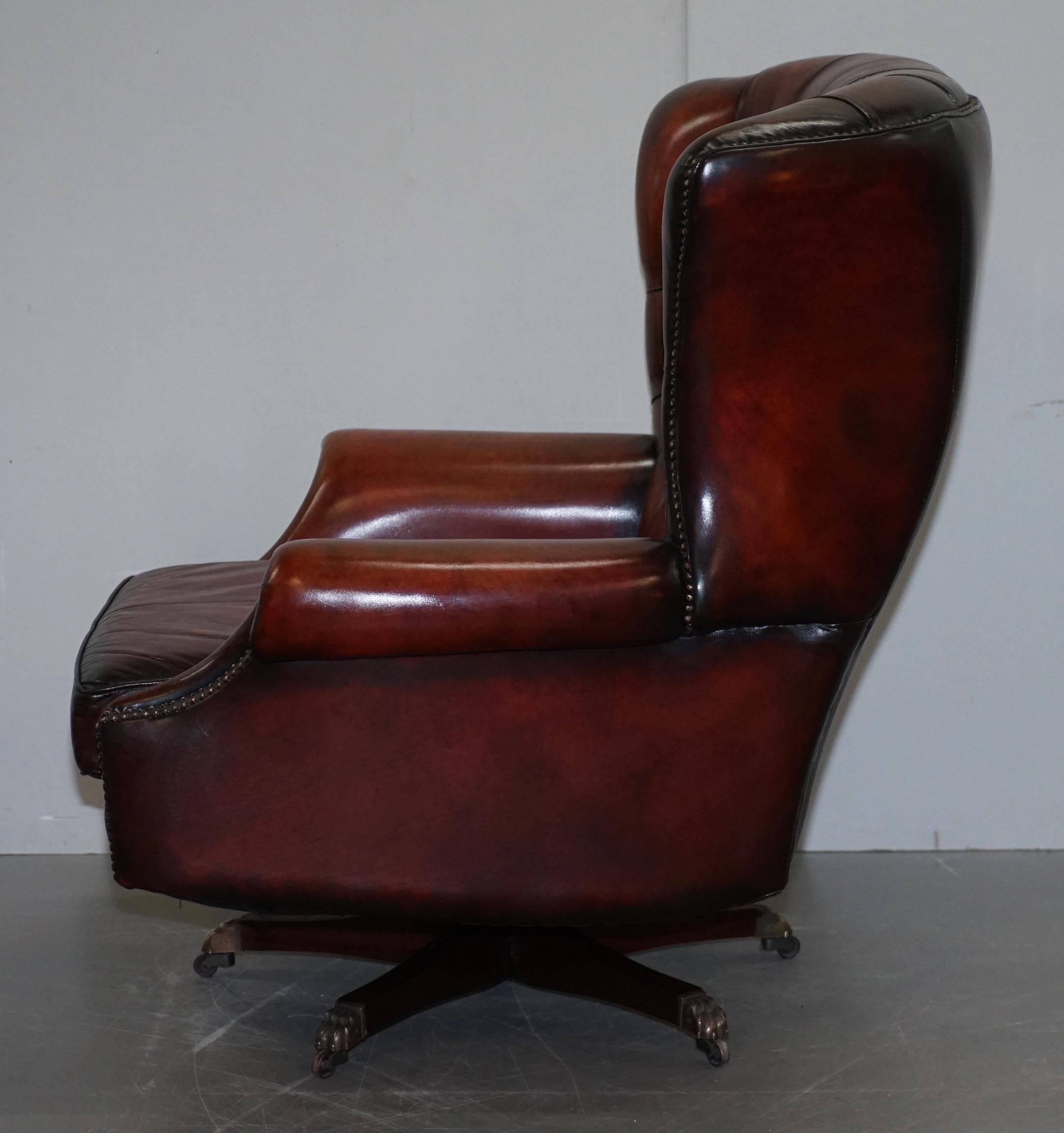 Restored Harrods London Brown Leather Chesterfield Swivel Armchair & Footstool 4