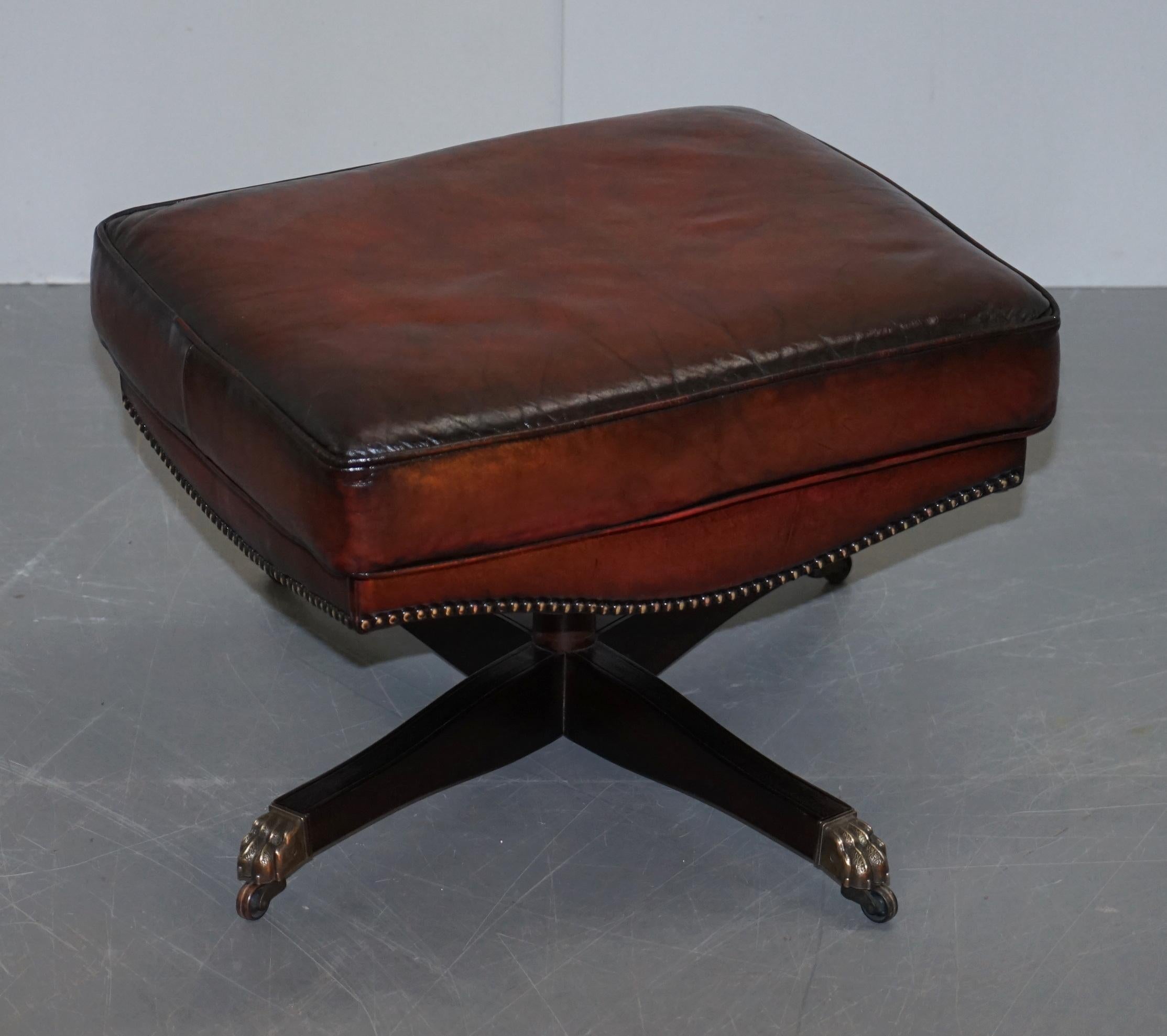Restored Harrods London Brown Leather Chesterfield Swivel Armchair & Footstool 5
