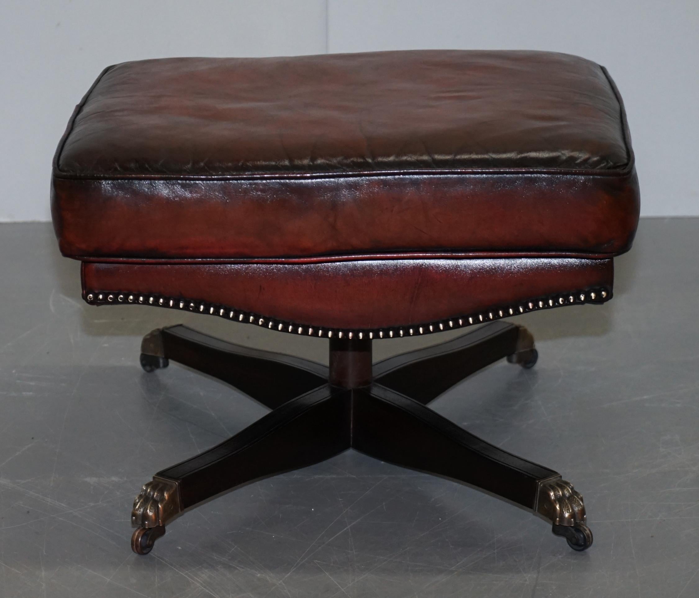 Restored Harrods London Brown Leather Chesterfield Swivel Armchair & Footstool 6
