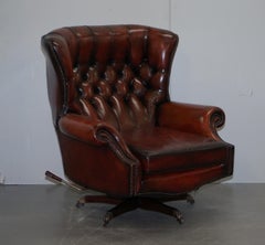 Restored Harrods London Brown Leather Chesterfield Swivel Armchair & Footstool