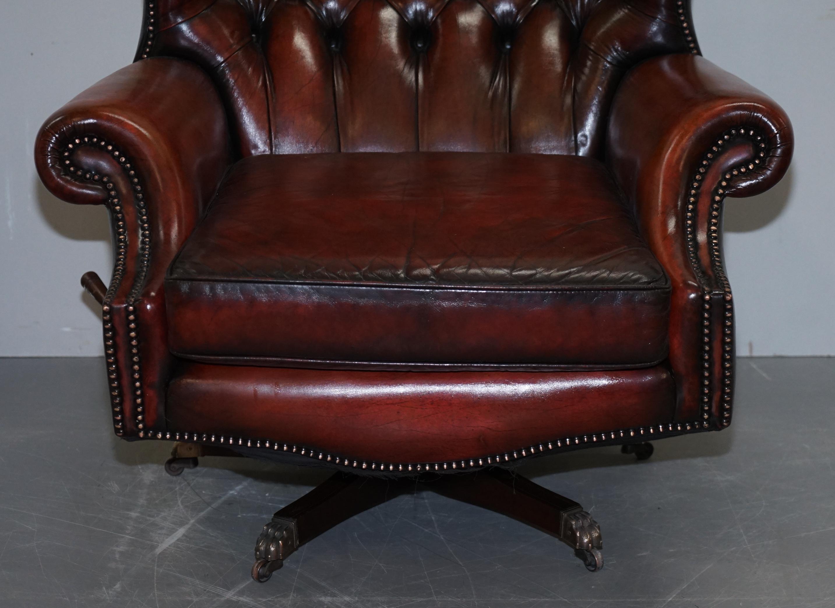 English Restored Harrods London Brown Leather Chesterfield Swivel Armchair & Footstool