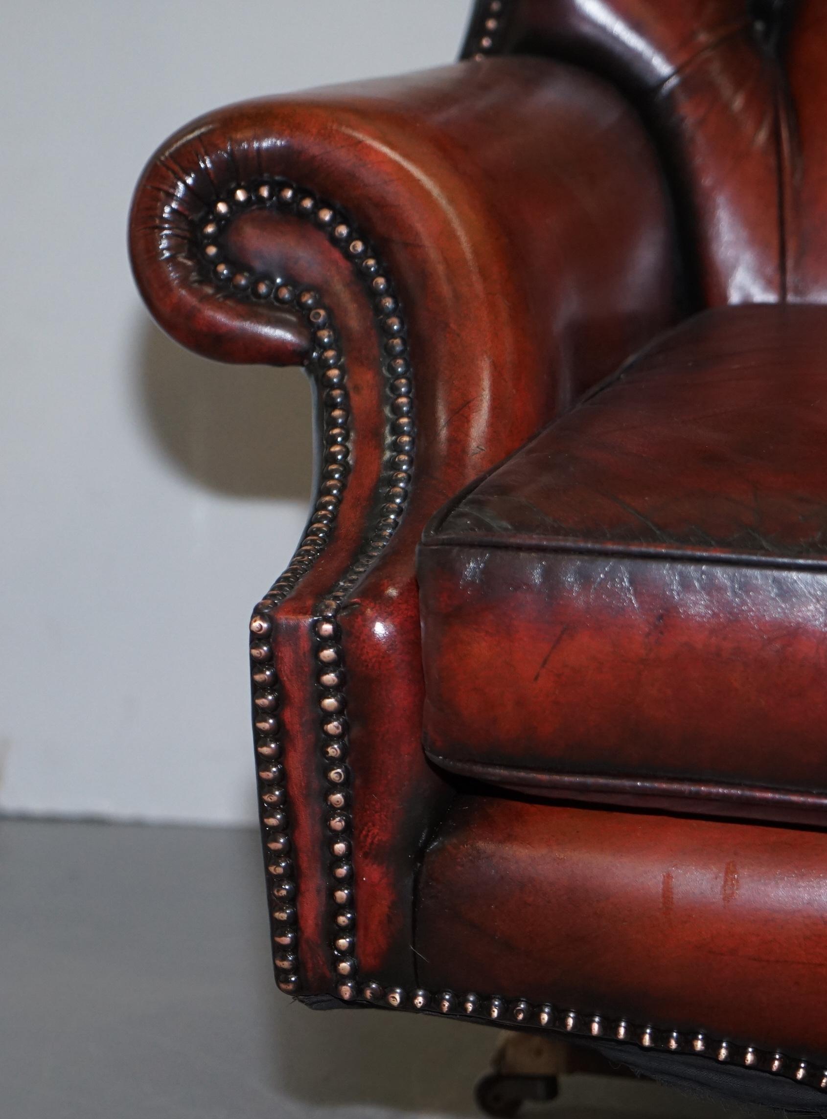 Hand-Crafted Restored Harrods London Brown Leather Chesterfield Swivel Armchair & Footstool