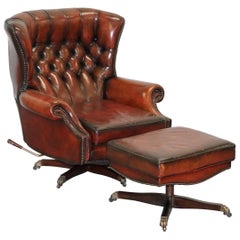 Vintage Restored Harrods London Brown Leather Chesterfield Swivel Armchair & Footstool