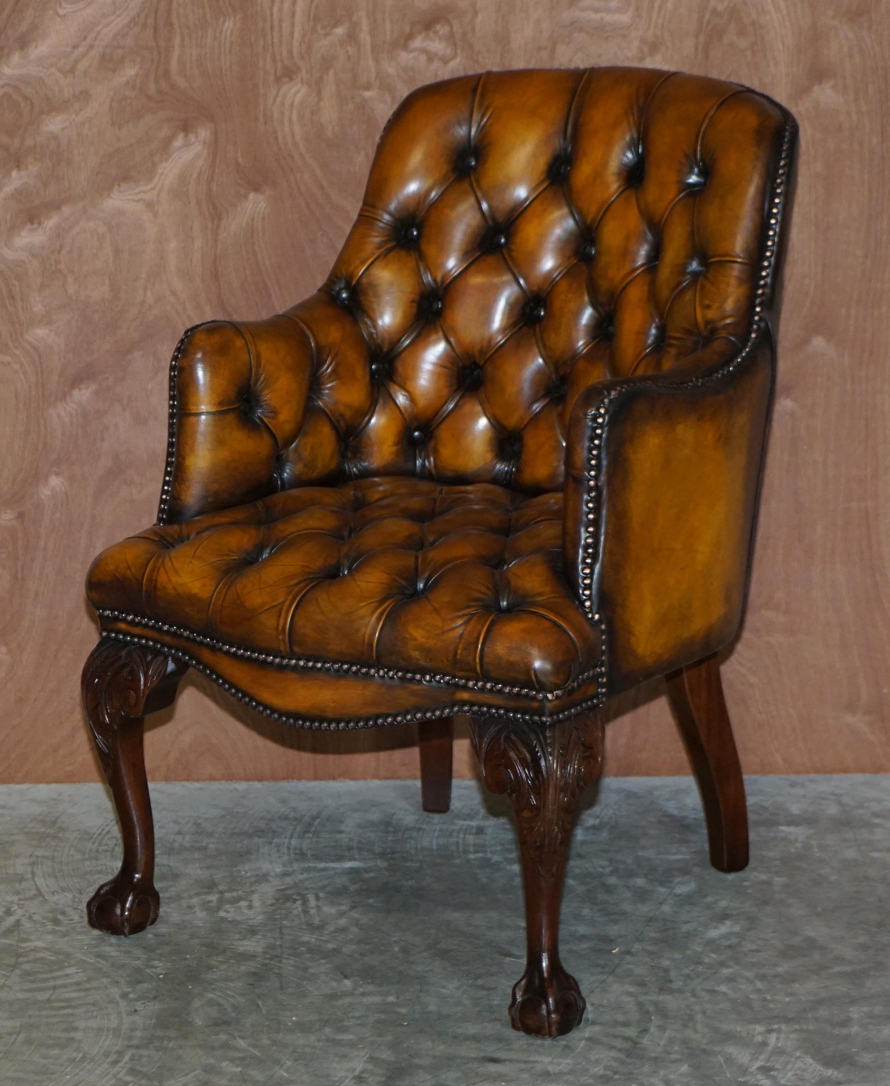 Regency RESTORED HARRODS LONDON CHESTERFiELD BROWN LEATHER ARMCHAIR CLAW & BALL FEET For Sale