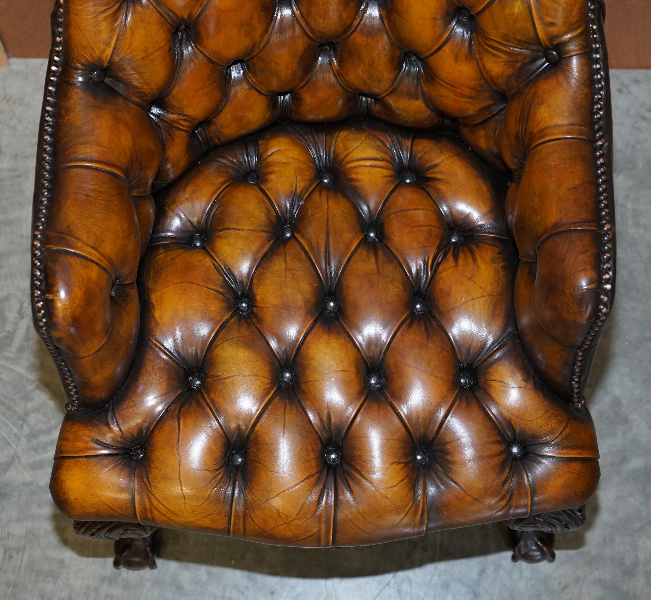 Hand-Crafted RESTORED HARRODS LONDON CHESTERFiELD BROWN LEATHER ARMCHAIR CLAW & BALL FEET For Sale
