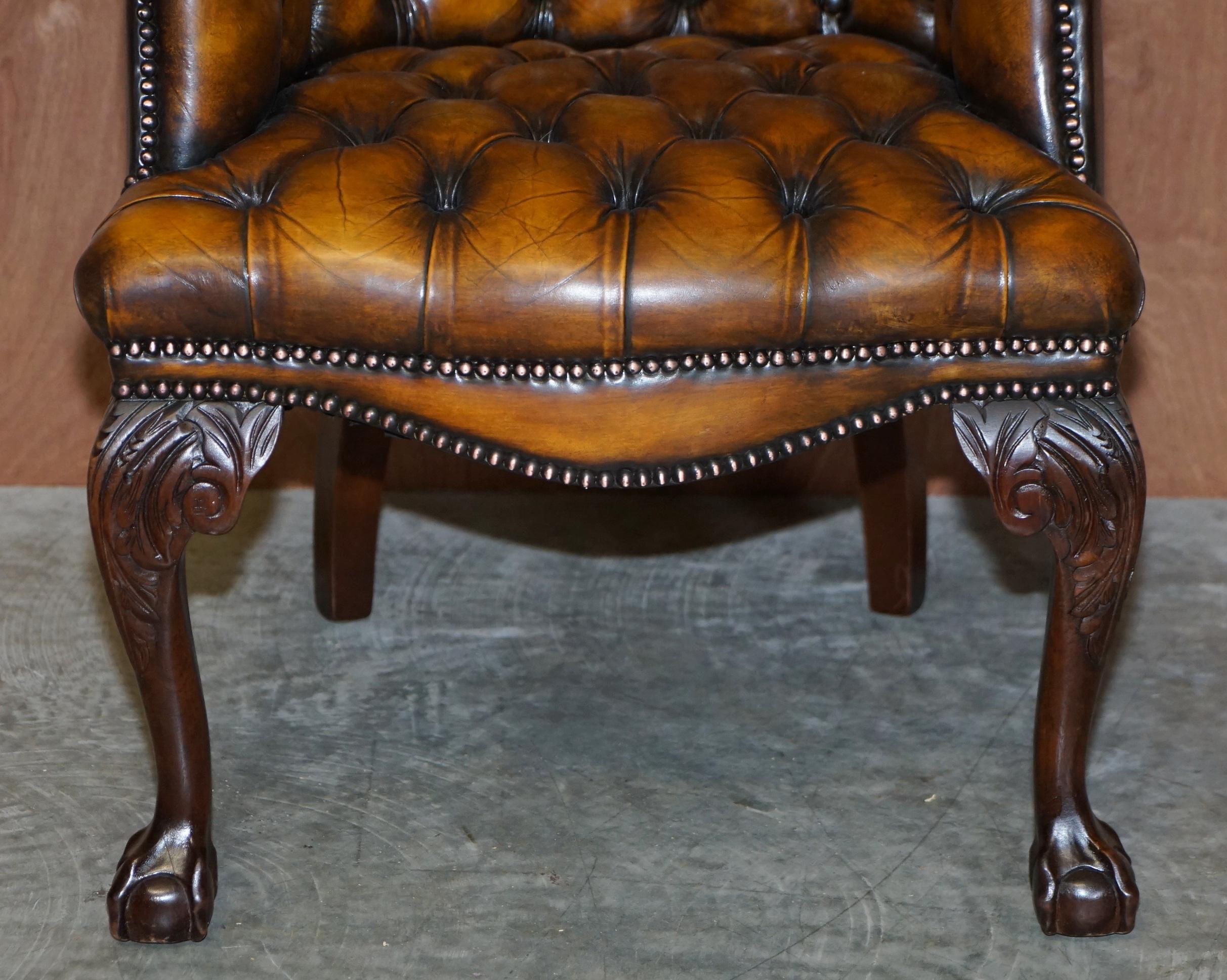 Leather RESTORED HARRODS LONDON CHESTERFiELD BROWN LEATHER ARMCHAIR CLAW & BALL FEET For Sale