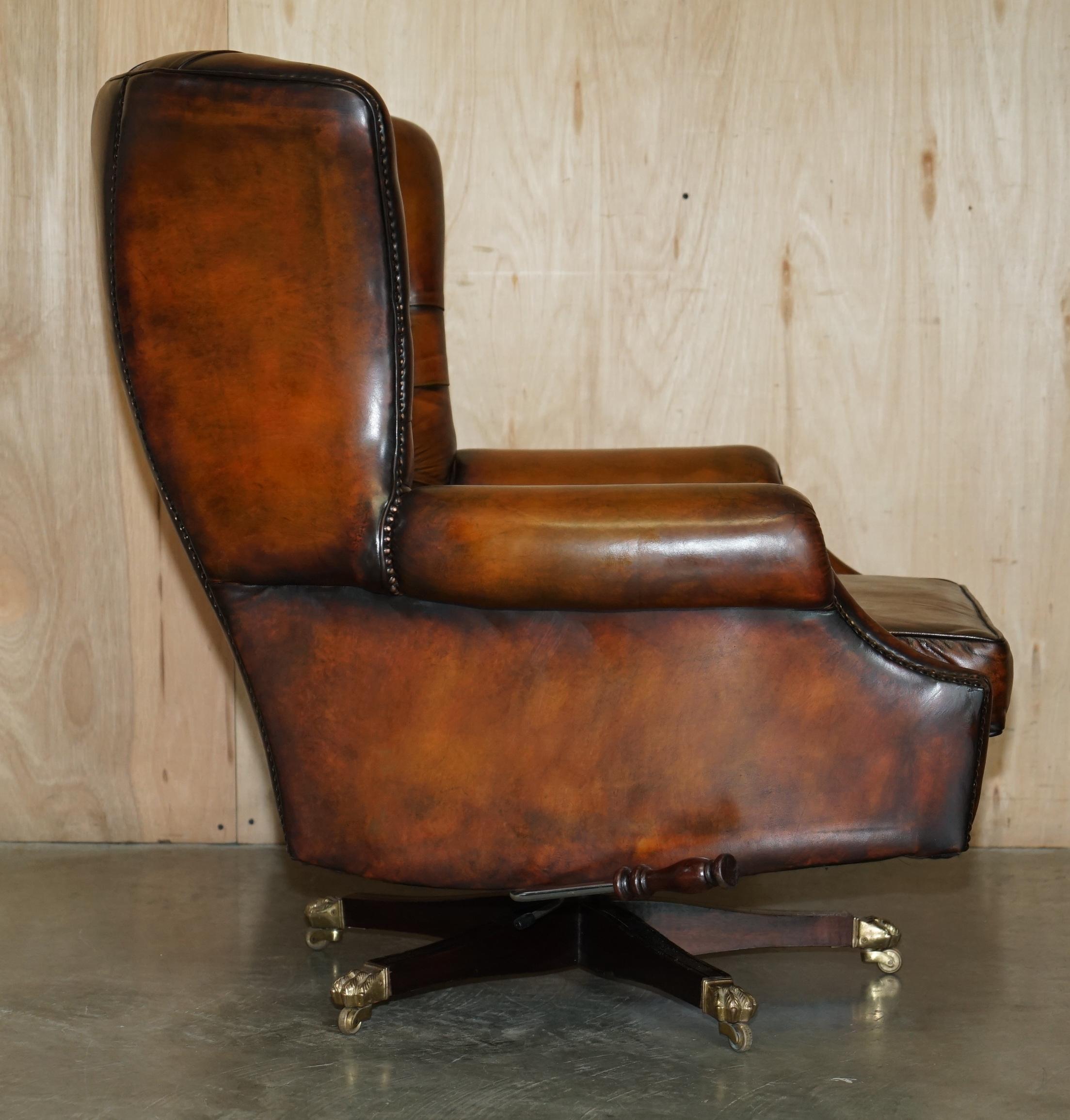 RESTORED HARRODS LONDON CHESTERFiELD TUFTED BROWN LEATHER SWIVEL LOUNGE ARMCHAIR 2