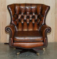 RESTORED HARRODS LONDON CHESTERFiELD TUFTED BROWN LEATHER SWIVEL LOUNGE ARMCHAIR