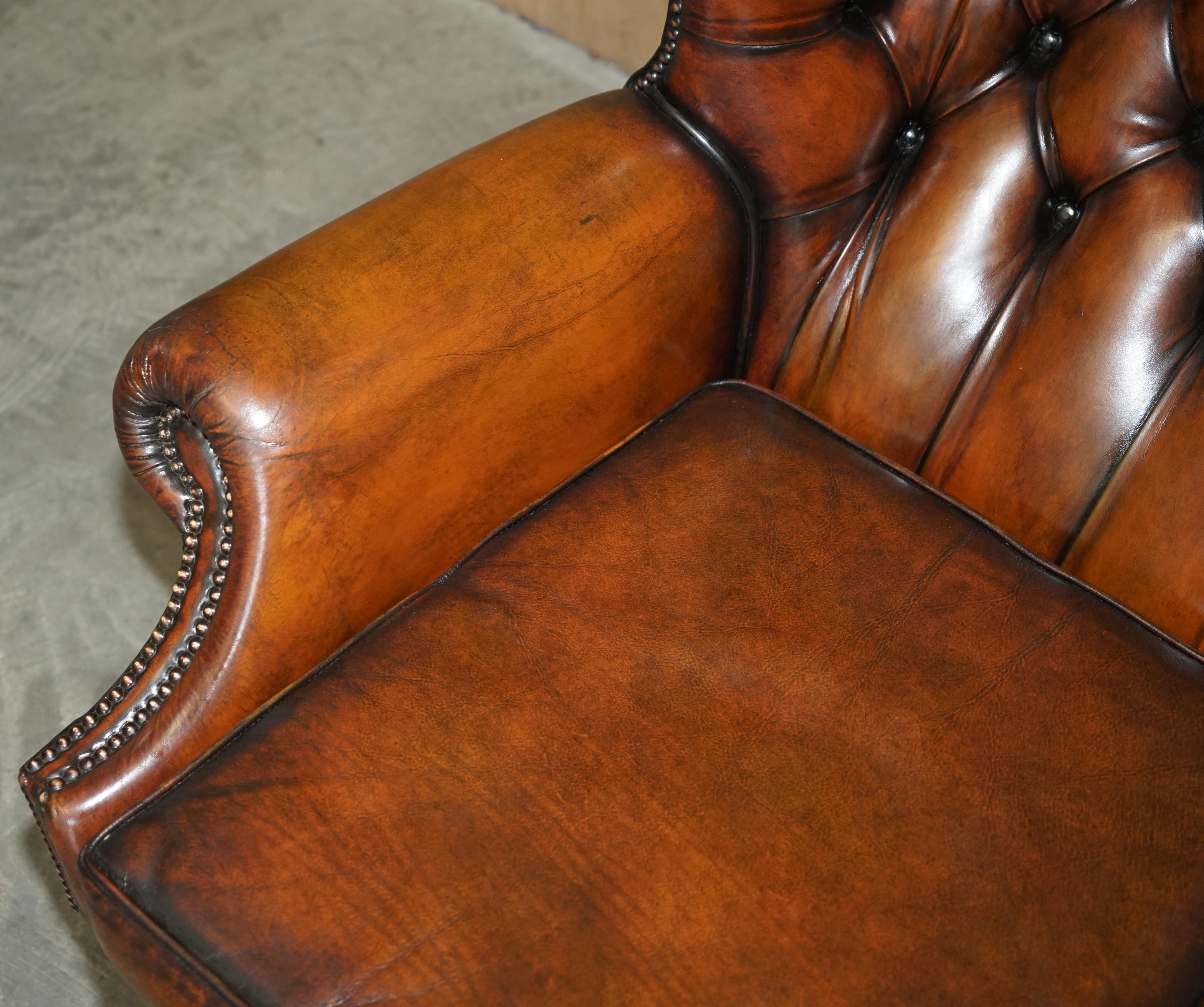 Leather RESTORED HARRODS LONDON CHESTERFiELD TUFTED BROWN LEATHER SWIVEL LOUNGE ARMCHAIR