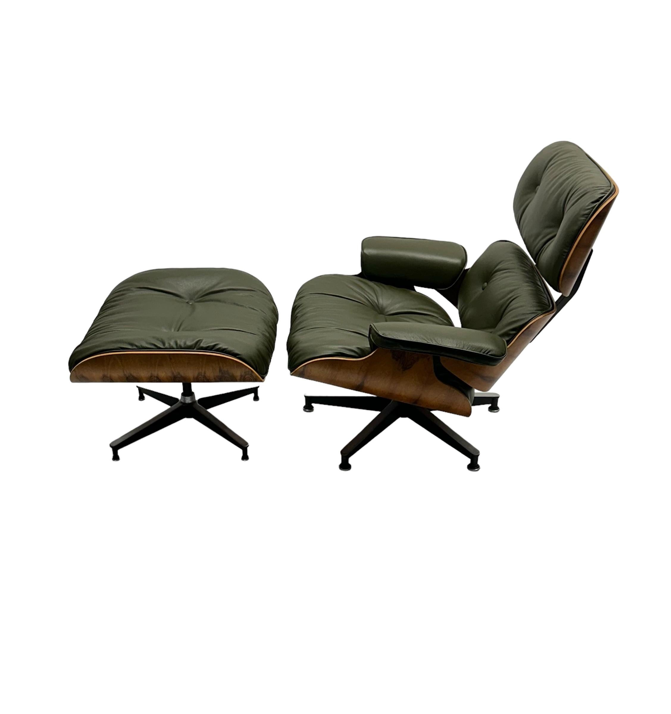 Restored original edition Herman Miller Eames lounge chair and ottoman. New custom made leather cushions (3-4 week production time). Wood surfaces refinished and lacquered. Metal surfaces repainted and polished. Chair base bushing oiled and swivels
