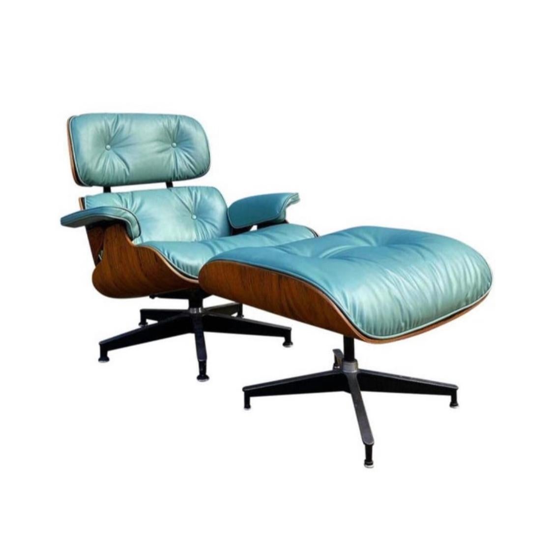 Incredibly vibrant and elegant edition of the classic Herman Miller Eames lounge chair and ottoman, circa 1960s-70s chair with original Herman Miller label. Custom leather cushions in superb condition. This shade is not a color we have ever come