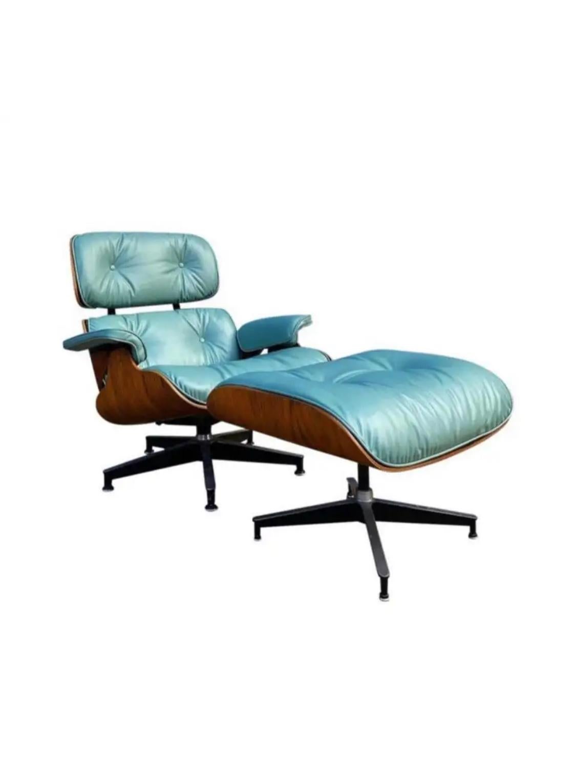 Incredibly vibrant and elegant edition of the classic Herman Miller Eames lounge chair and ottoman, circa 1960s-70s chair with original Herman Miller label. Custom leather cushions in superb condition. This shade is not a color we have ever come