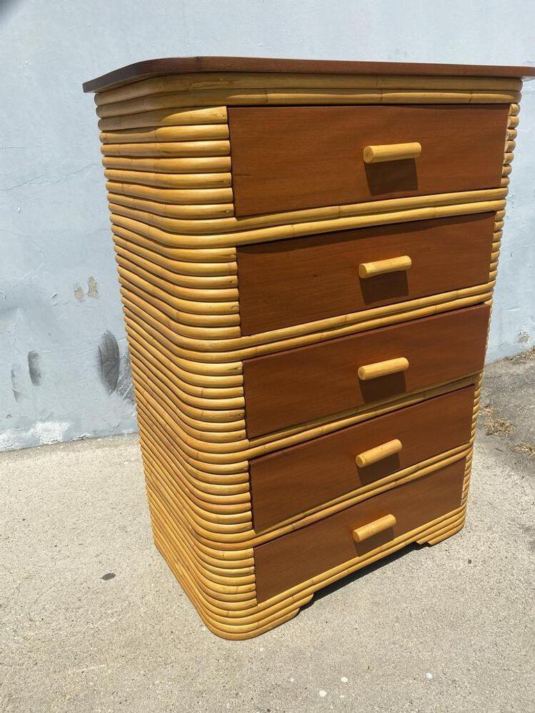 Mid-20th Century Restored Highboy Stacked Rattan Dresser with Mahogany Top For Sale