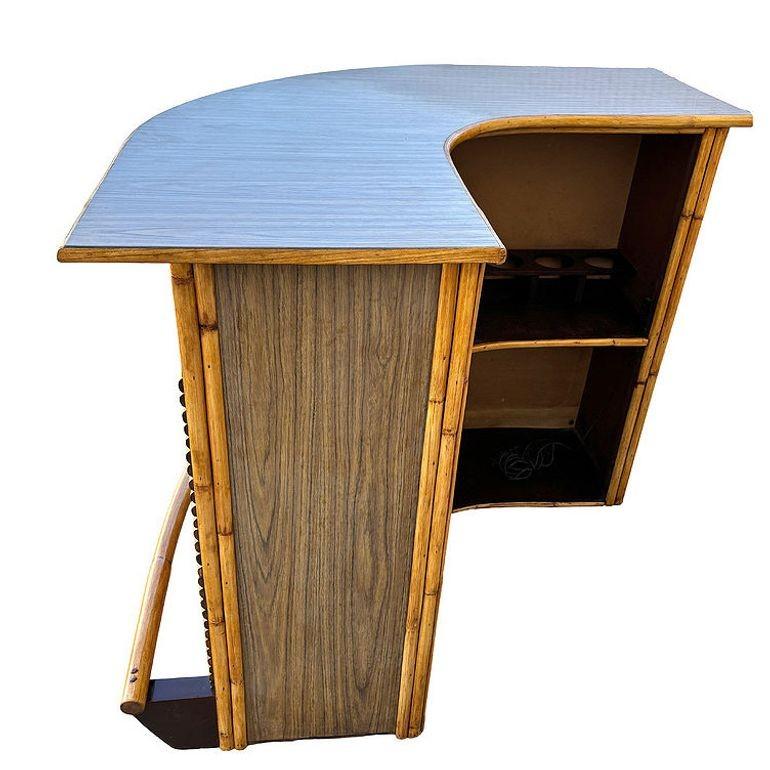 American Restored Horizontal Stacked Restored Rattan L-shaped Corner Bar w/ Foot Rest For Sale