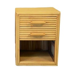 Restored Horizontal Stacked Stick Rattan Side Bedside Table w/ Cubby Space, Pair