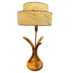 Restored Hourglass Palm Shaped Rattan & Mahogany Lamp w/ Whipple Stitch Shade