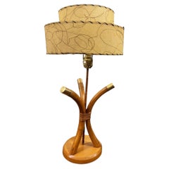 Restored Hourglass Palm Shaped Rattan & Mahogany Lamp w/ Whipple Stitch Shade