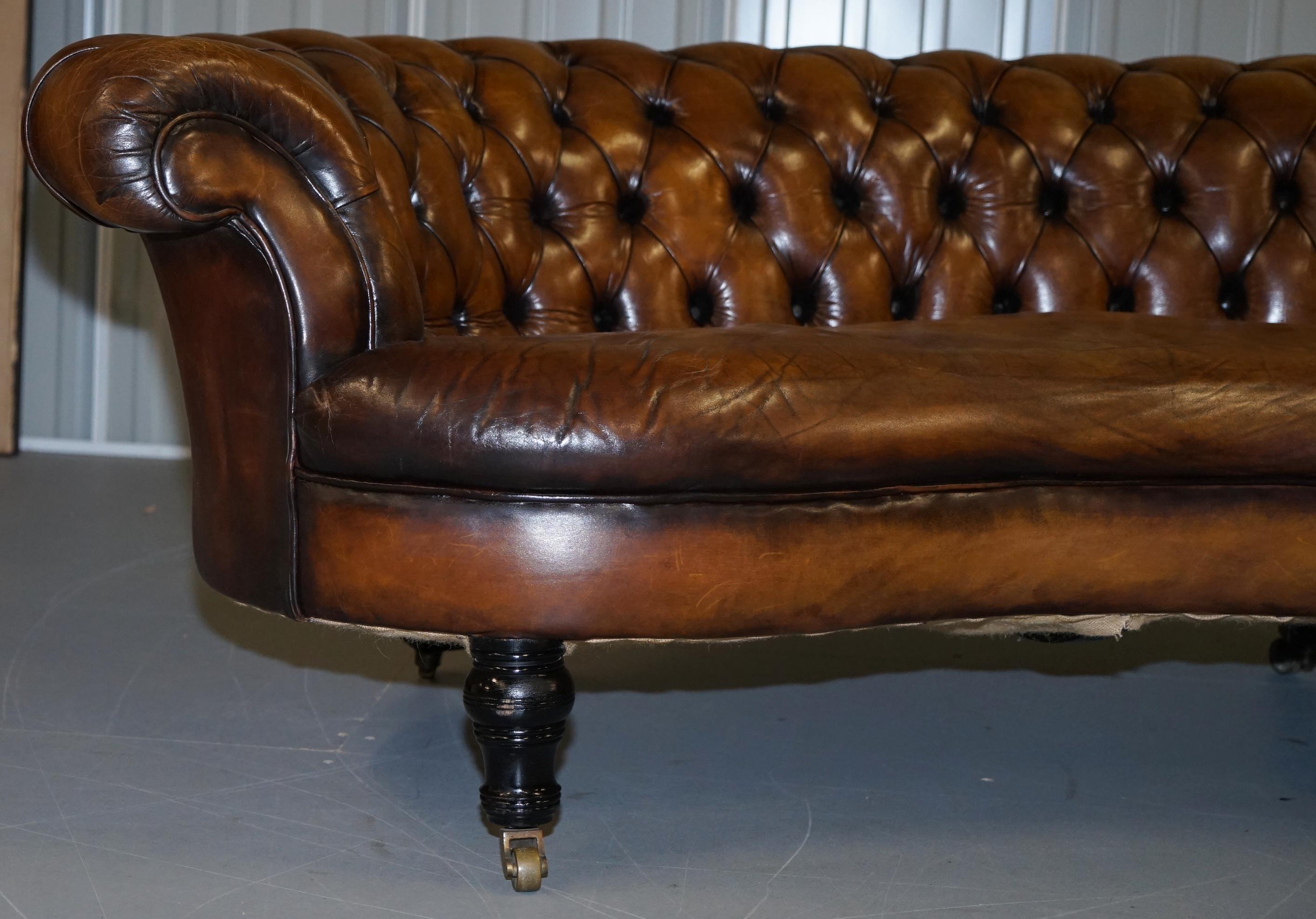 Restored Howard & Sons Chesterfield Victorian Brown Leather Crescent Framed Sofa 5