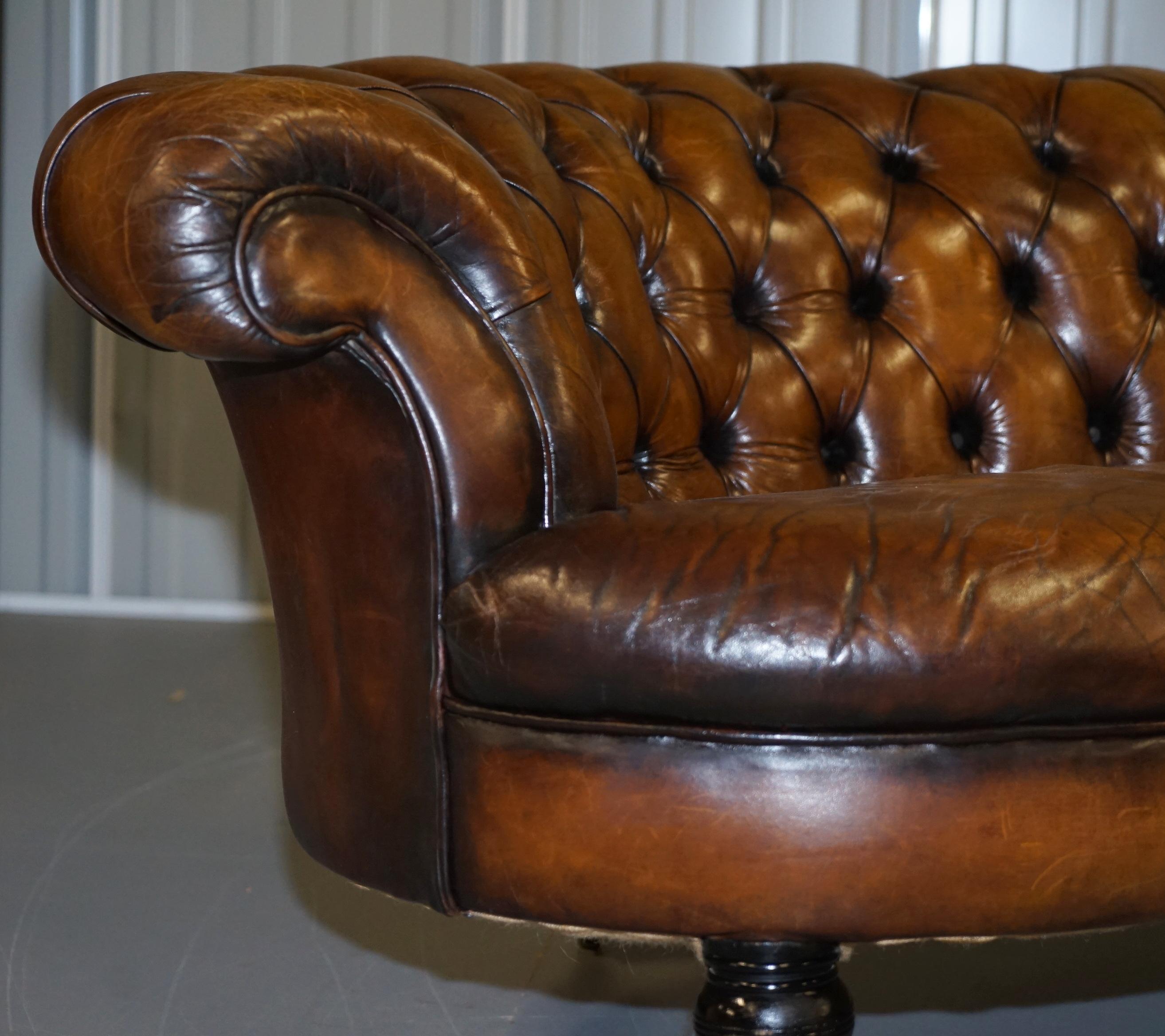 Restored Howard & Sons Chesterfield Victorian Brown Leather Crescent Framed Sofa 6