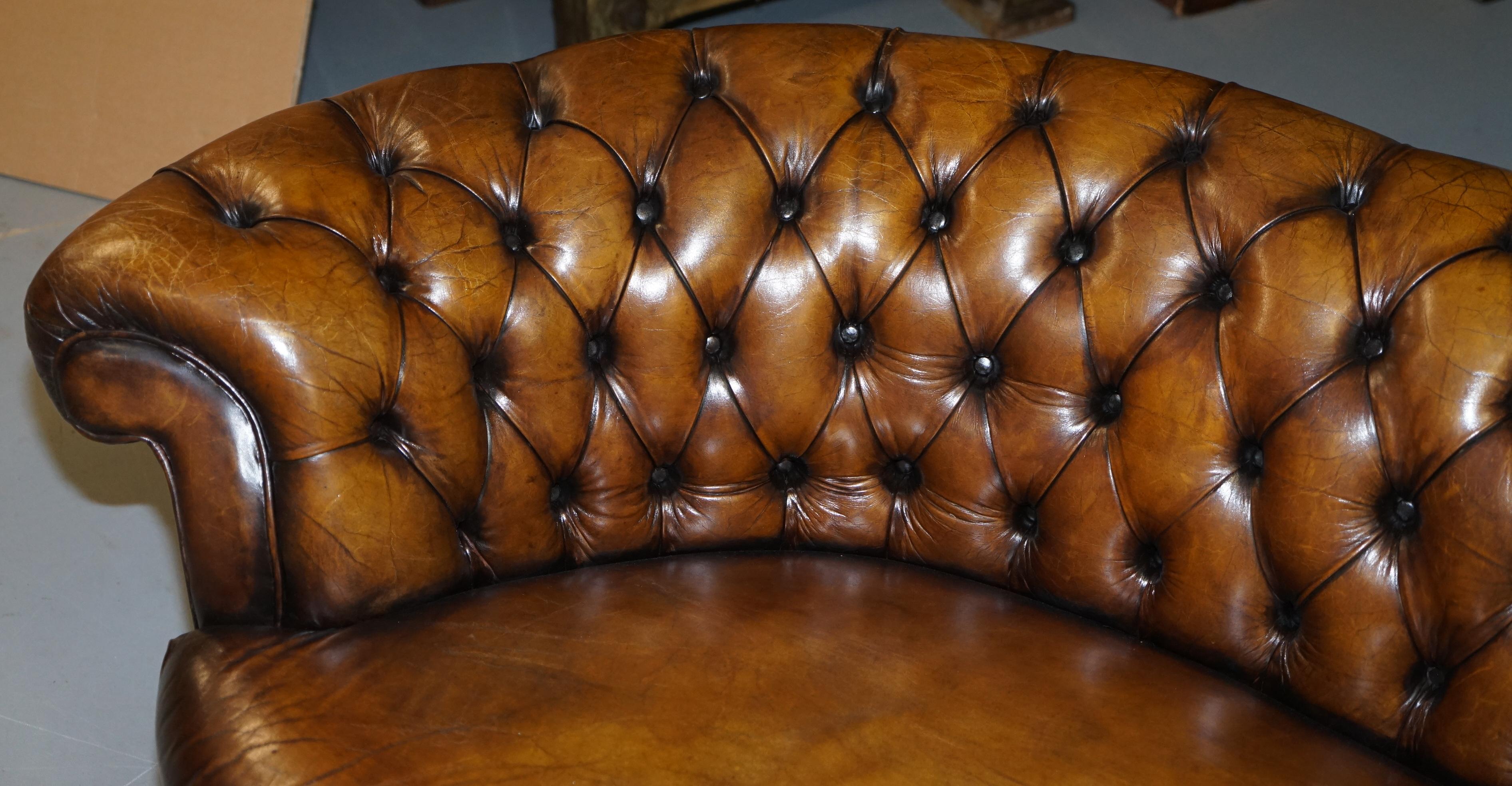 Restored Howard & Sons Chesterfield Victorian Brown Leather Crescent Framed Sofa 8