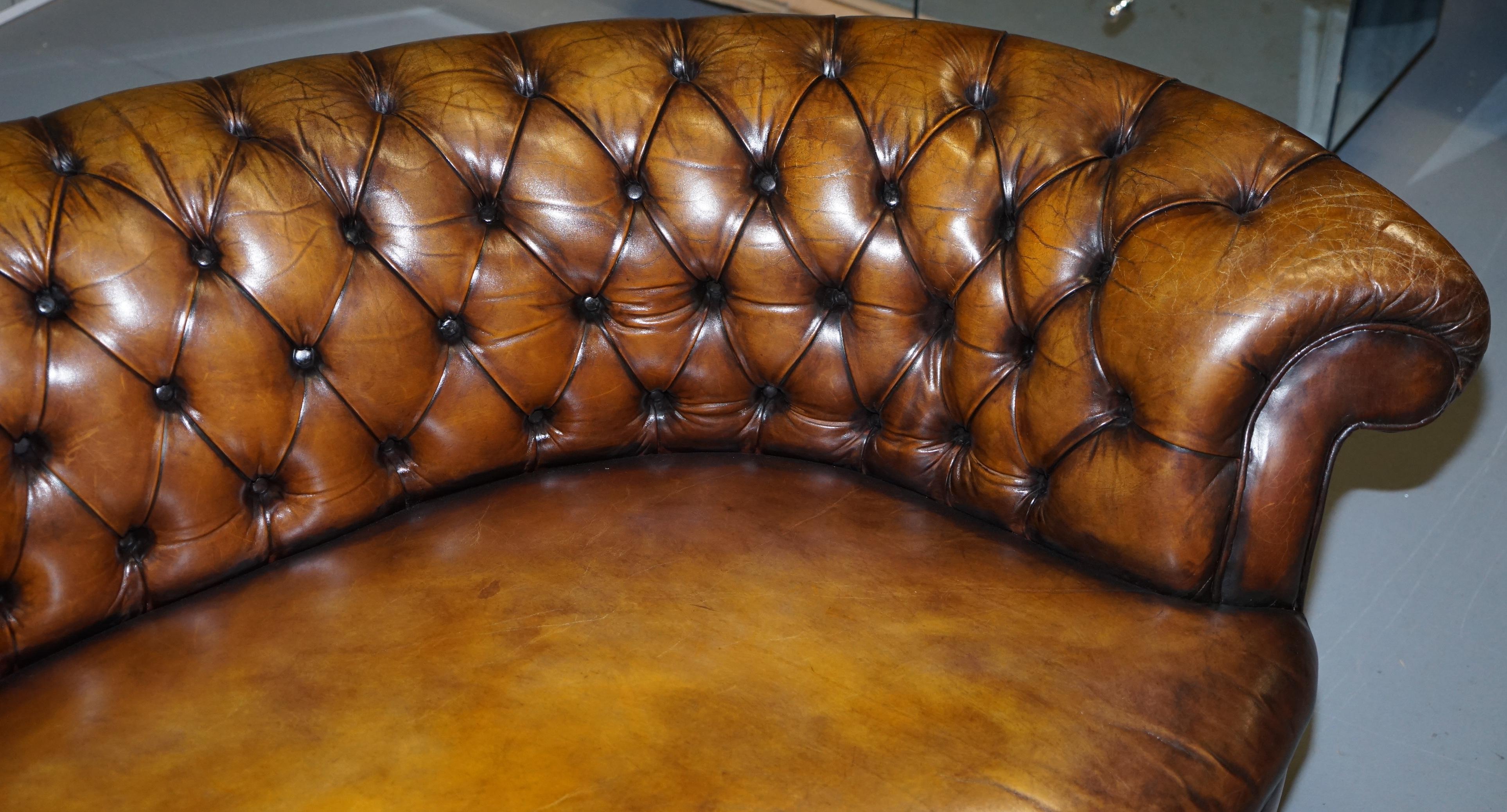 Restored Howard & Sons Chesterfield Victorian Brown Leather Crescent Framed Sofa 10