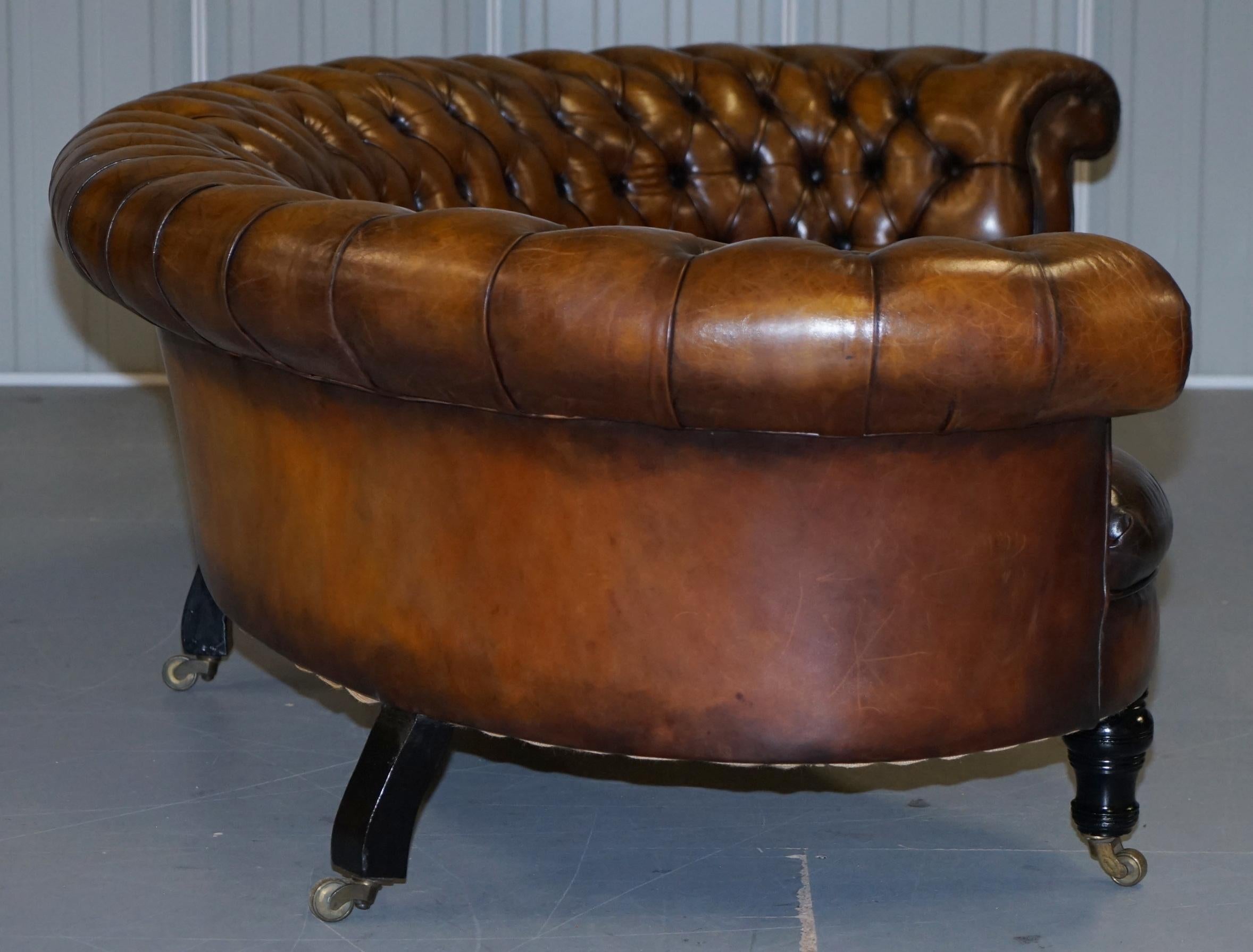 Restored Howard & Sons Chesterfield Victorian Brown Leather Crescent Framed Sofa 11
