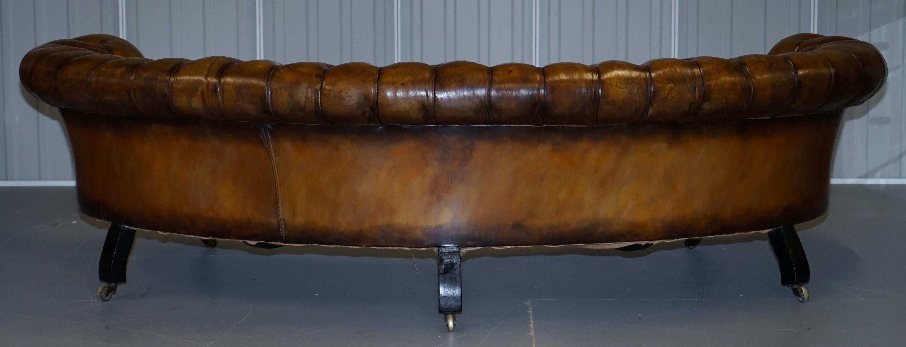Restored Howard & Sons Chesterfield Victorian Brown Leather Crescent Framed Sofa 12