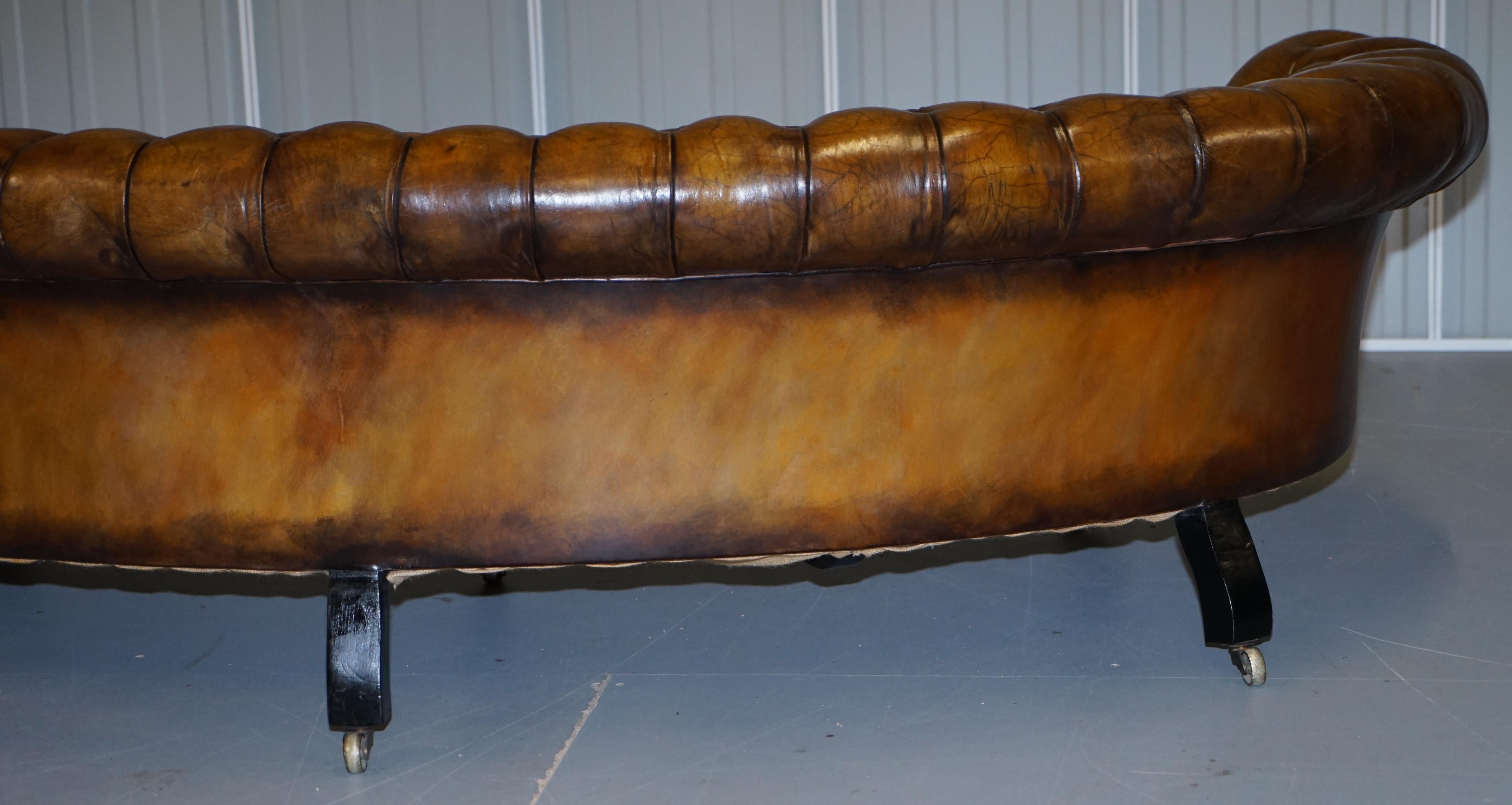 Restored Howard & Sons Chesterfield Victorian Brown Leather Crescent Framed Sofa 13
