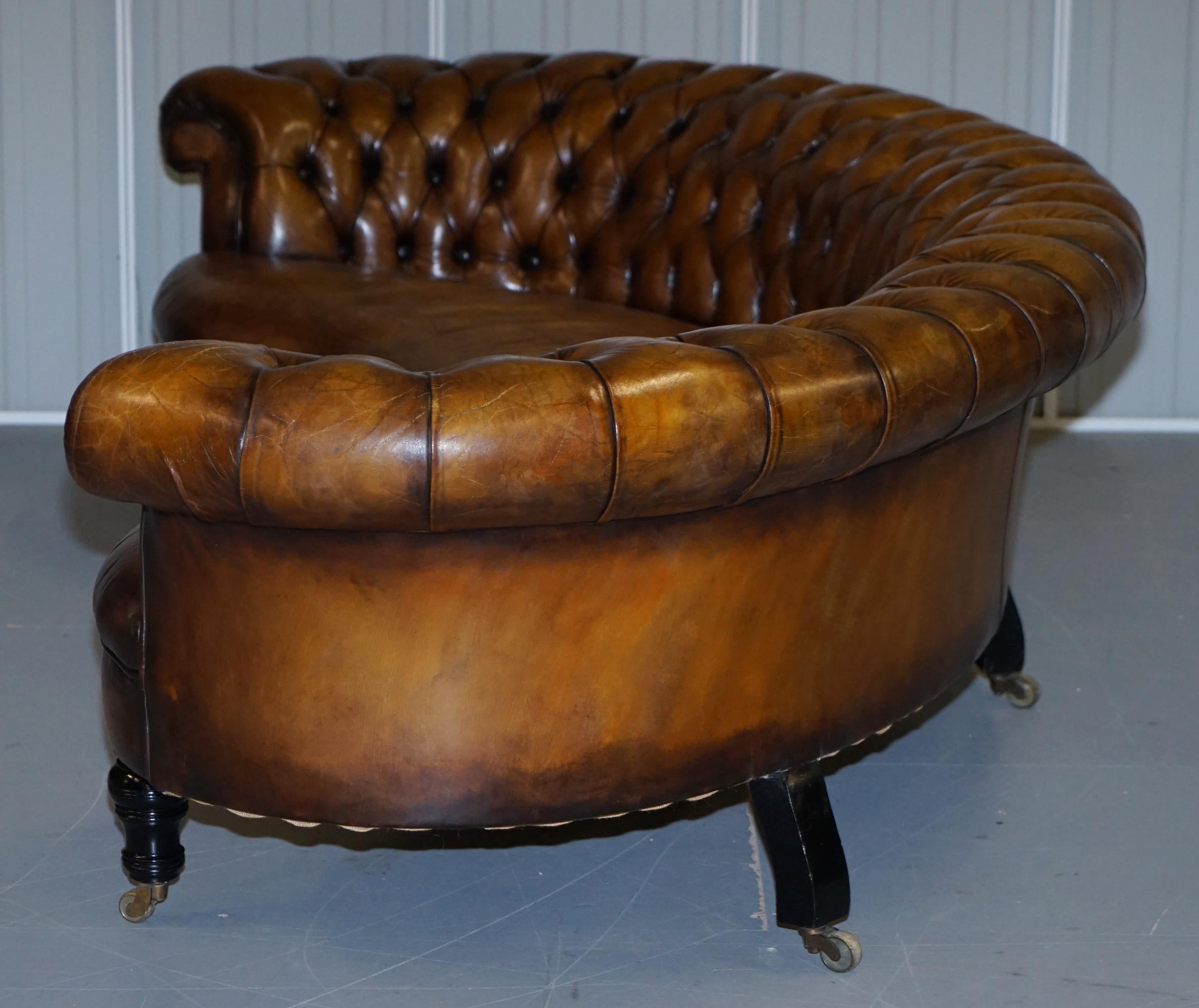 Restored Howard & Sons Chesterfield Victorian Brown Leather Crescent Framed Sofa 15