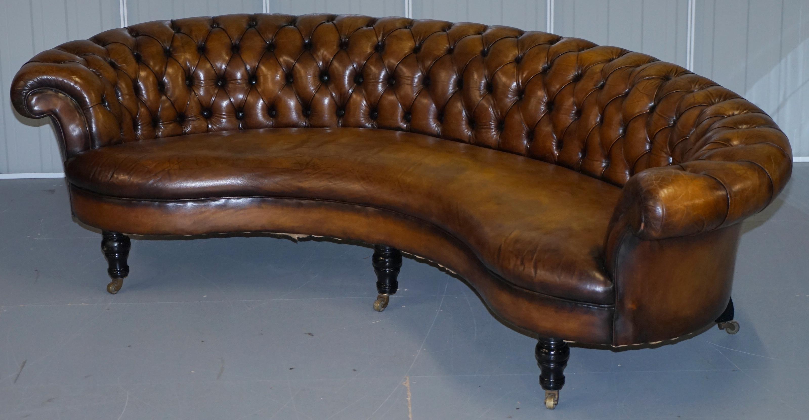 English Restored Howard & Sons Chesterfield Victorian Brown Leather Crescent Framed Sofa