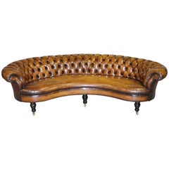 Antique Restored Howard & Sons Chesterfield Victorian Brown Leather Crescent Framed Sofa