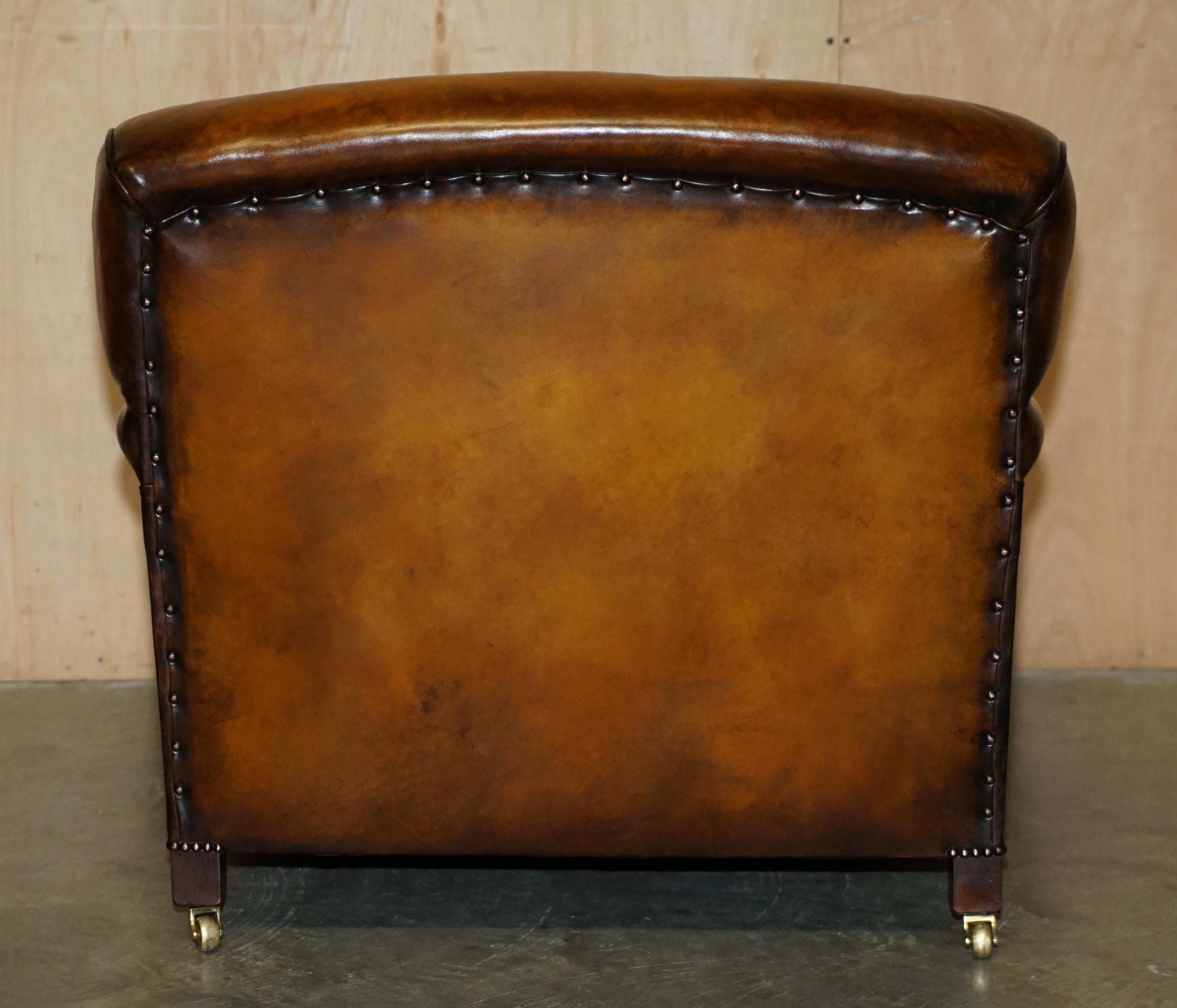 RESTORED HOWARD & SON'S STYLE SIGNATURE SCROLL ARM STYLE BROWN LEATHER ARMCHAiR For Sale 6