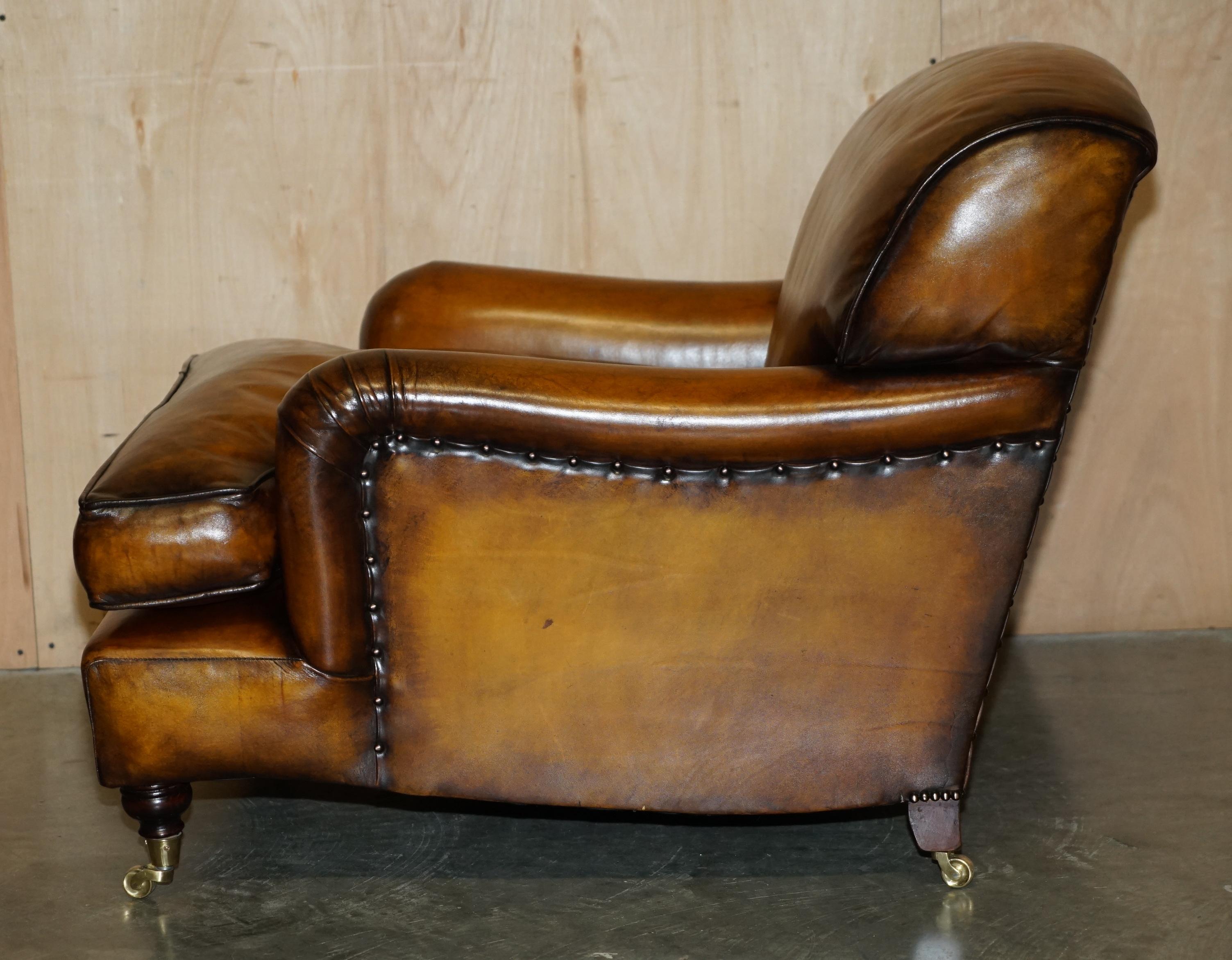 RESTORED HOWARD & SON'S STYLE SIGNATURE SCROLL ARM STYLE BROWN LEATHER ARMCHAiR For Sale 7