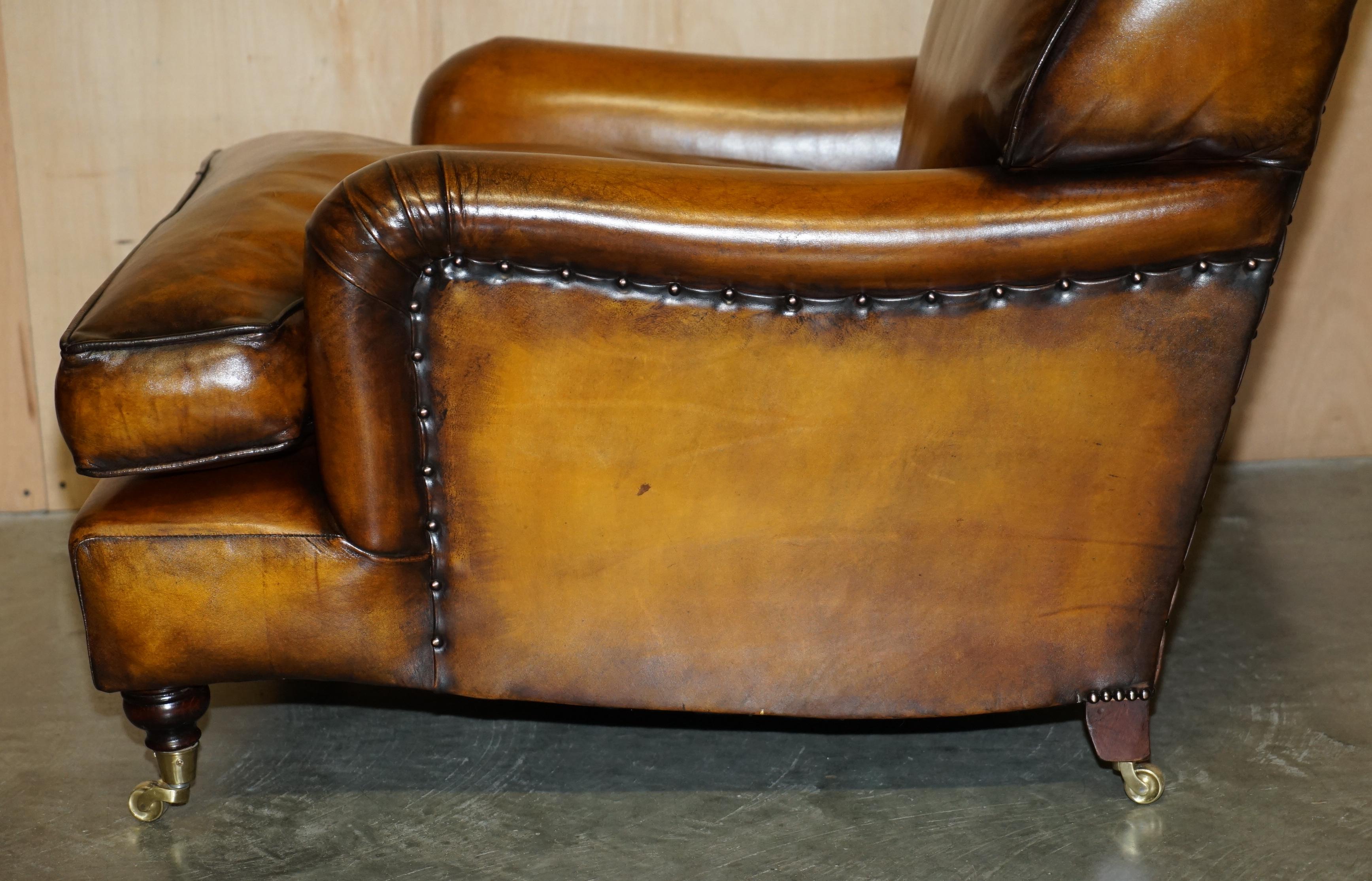 RESTORED HOWARD & SON'S STYLE SIGNATURE SCROLL ARM STYLE BROWN LEATHER ARMCHAiR For Sale 8